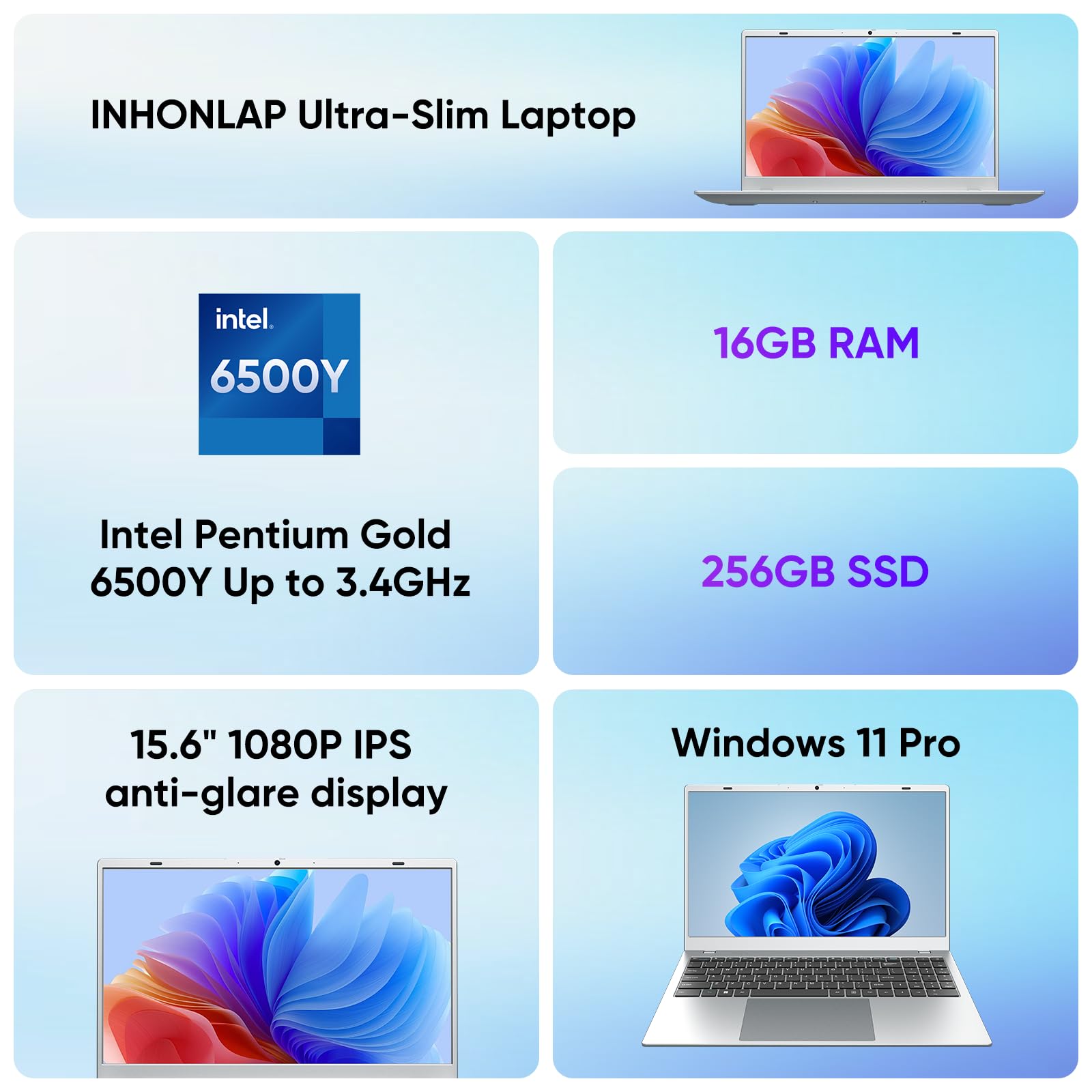 2026 Laptop 16 GB RAM 256 GB SSD 15,6 Zoll Laptop Computer, 6500Y Prozessor (bis zu 3,4 GHz, Beats 5205U, 4425Y), FHD IPS-Display, leichte Laptops für Studenten und Business, WiFi 5