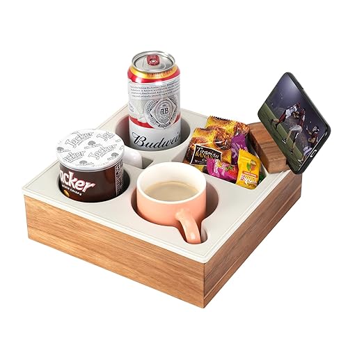 Couch Cup Holder Tray, Hitseon Handy Soft Silicone Acacia Wooden Couch Caddy for Bed Car Seat Beach Organizer, Waterproof Anti-Spill Sofa Cup Holder for Snacks Beverage Remote (White) - White