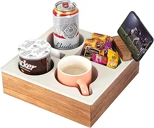 Couch Cup Holder Tray, Handy Soft Silicone Acacia Wooden Couch Caddy for Bed Car Seat Beach Organizer, Waterproof Anti-Spill Sofa Cup Holder for Snacks Beverage Remote (White)