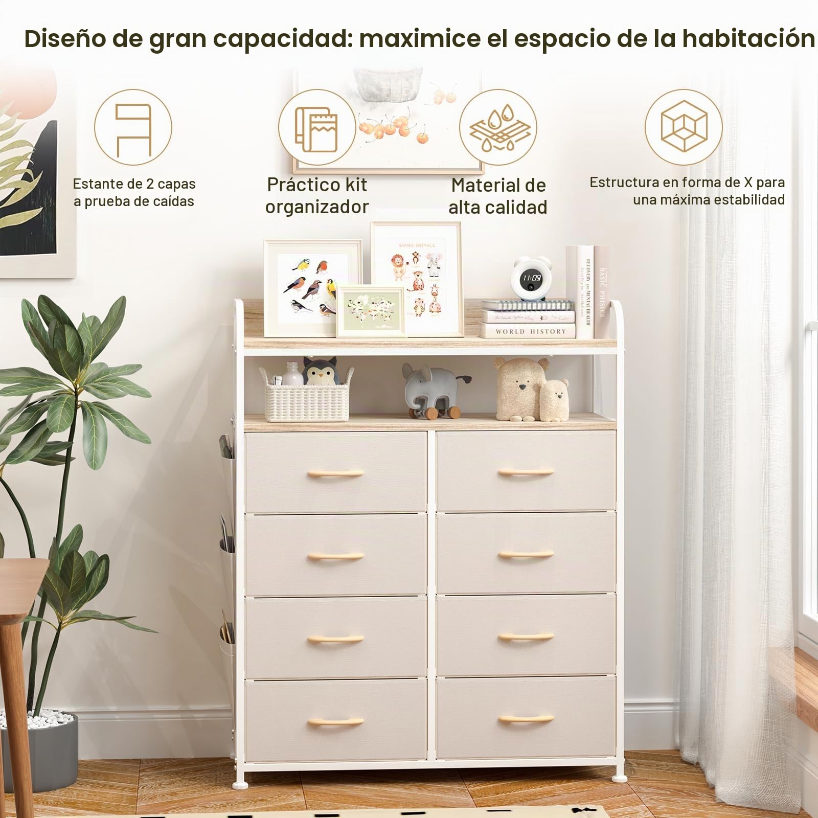 Cómoda, Cajonera de Tela con 8 Cajones de Tela, Cómoda de Tela, 4 Bolsillos Laterales, Estructura Metálica, para Sala de Estar, Pasillo, Beige