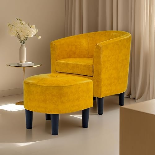 Miniatura 3 de Silla de barril de cuero con juego otomano, sillas decorativas de piel sintética con diseño otomano y centro copetudo, moderno sillón tapizado con