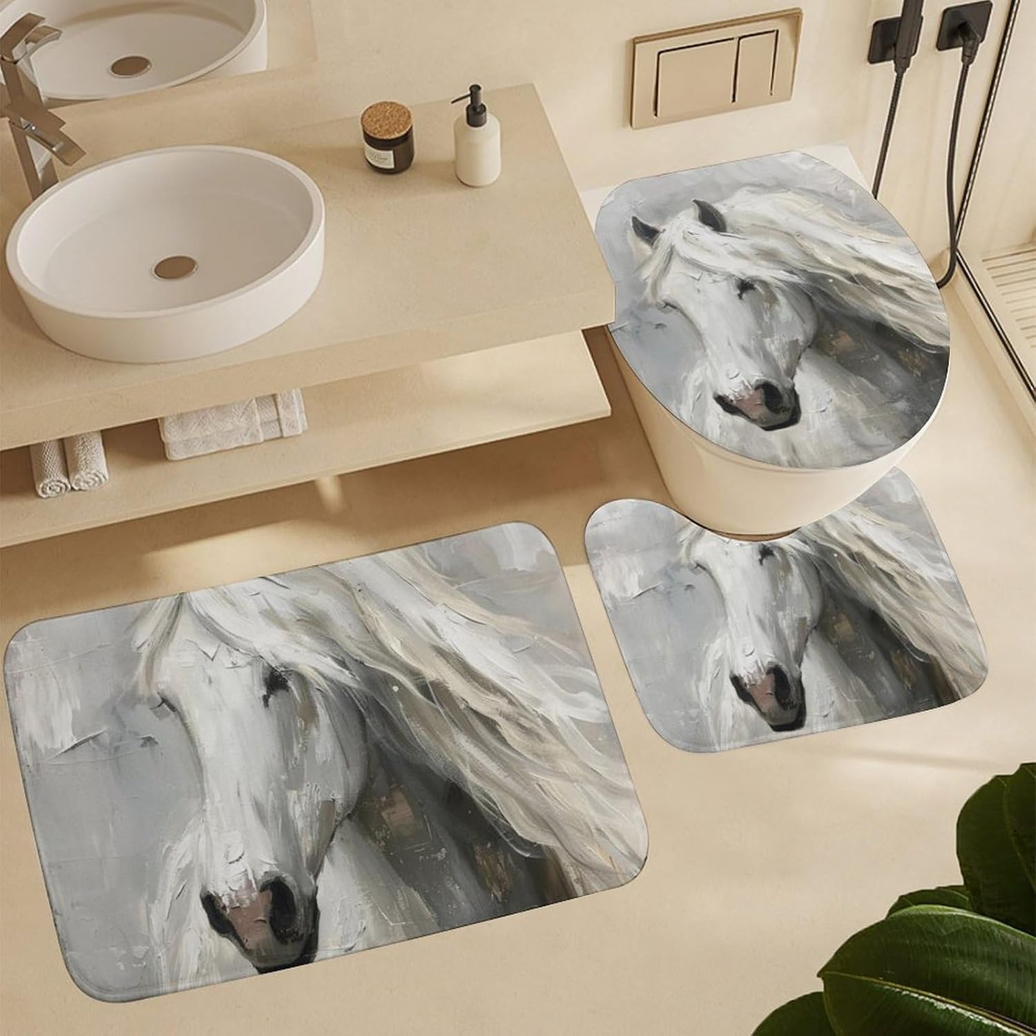 Doodle Horse Painting Shower Curtain Sets with Toilet Lid Cover and Rugs, Modern Abstract Animal Bathroom Decor Set with Rug U Shape Mat, Waterproof Shower Curtain with 12 Hook 4Pcs
