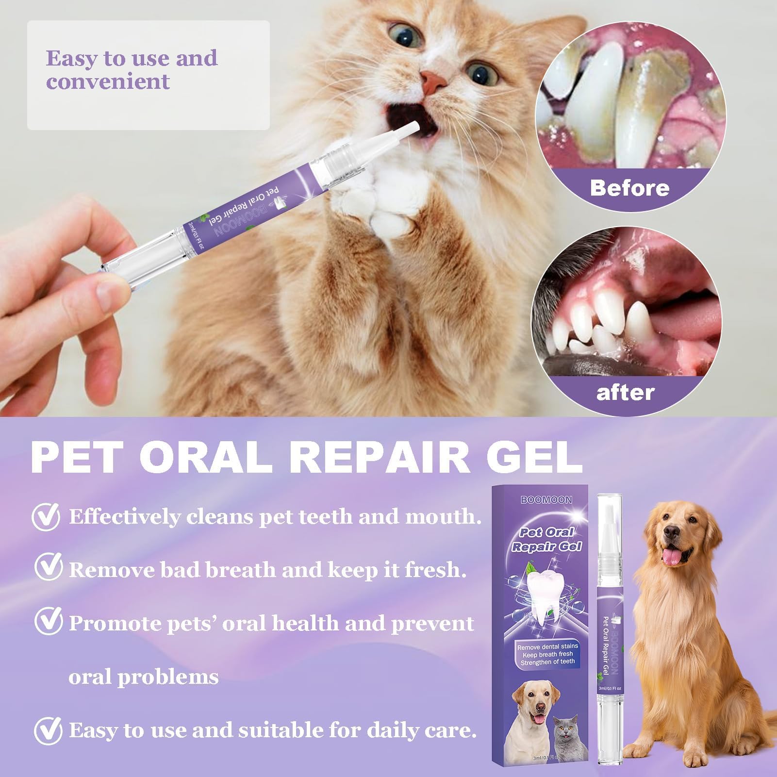 3PCS pet oral repair gel, gel réparateur oral Pet pour éliminer la mauvaise haleine, lutter contre le tartre, sans se brosser les