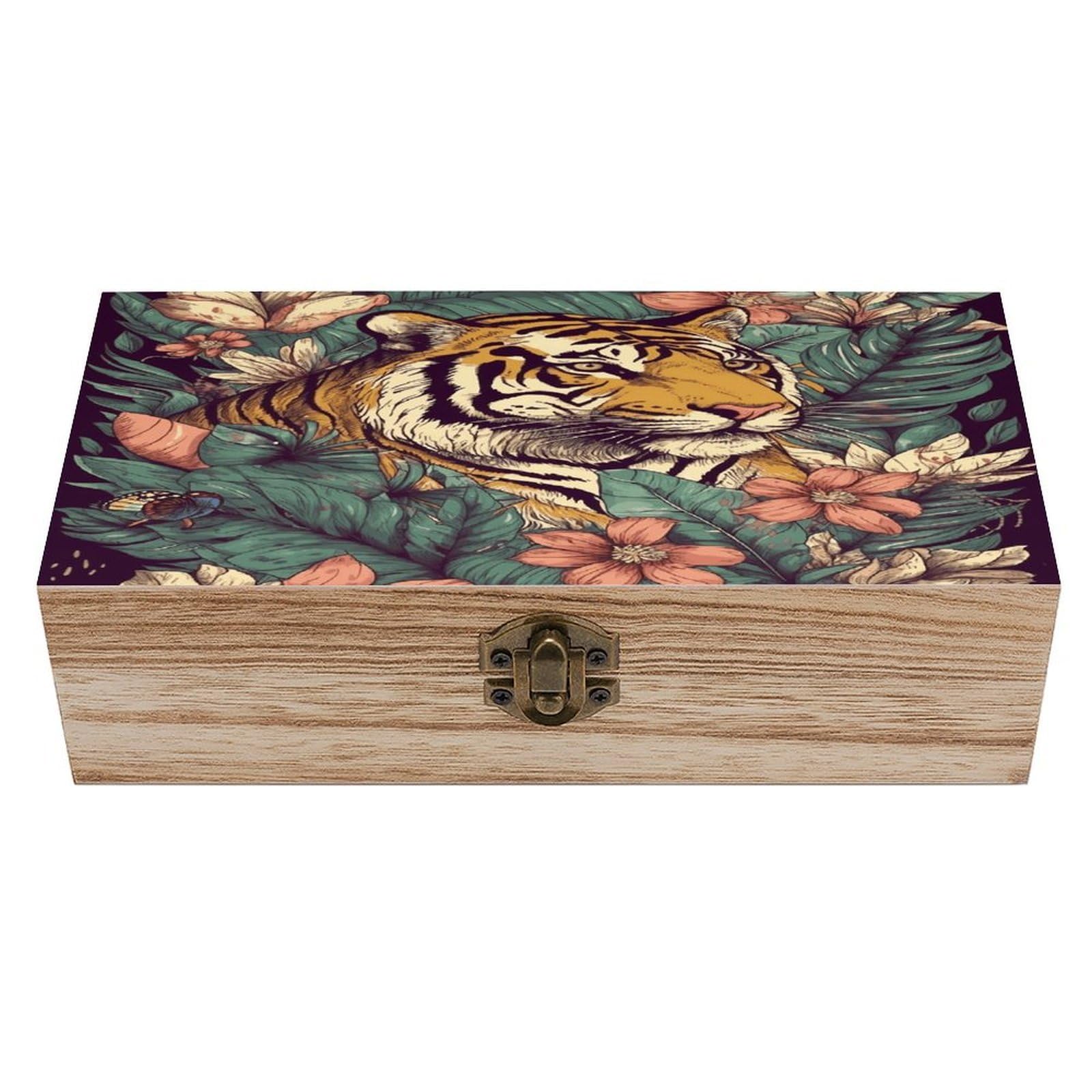 VstaDank Tropical Tiger Wooden Storage Box Wooden Keepsake Box with Hinged Lid Exquisite Solid Wood Decorative Jewelry Case Memory Box for Jewelry Photos Letters Crafts Trinkets