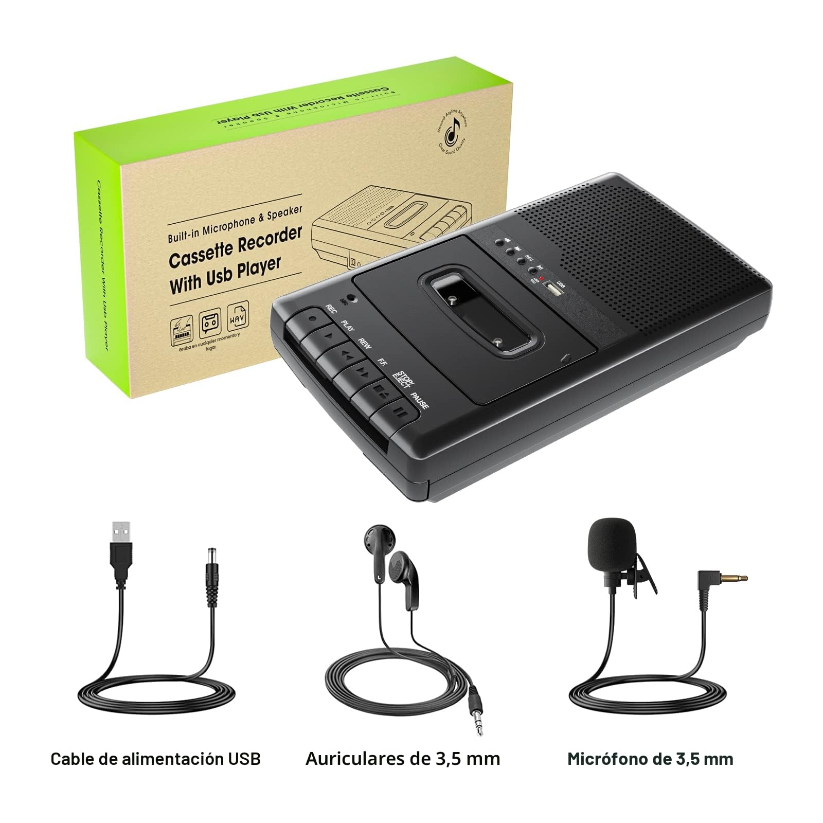 Grabadora de Casete Portátil Reproductor Casete Digitalizado a USB con Asa, Auriculares, Micrófono, Altavoz