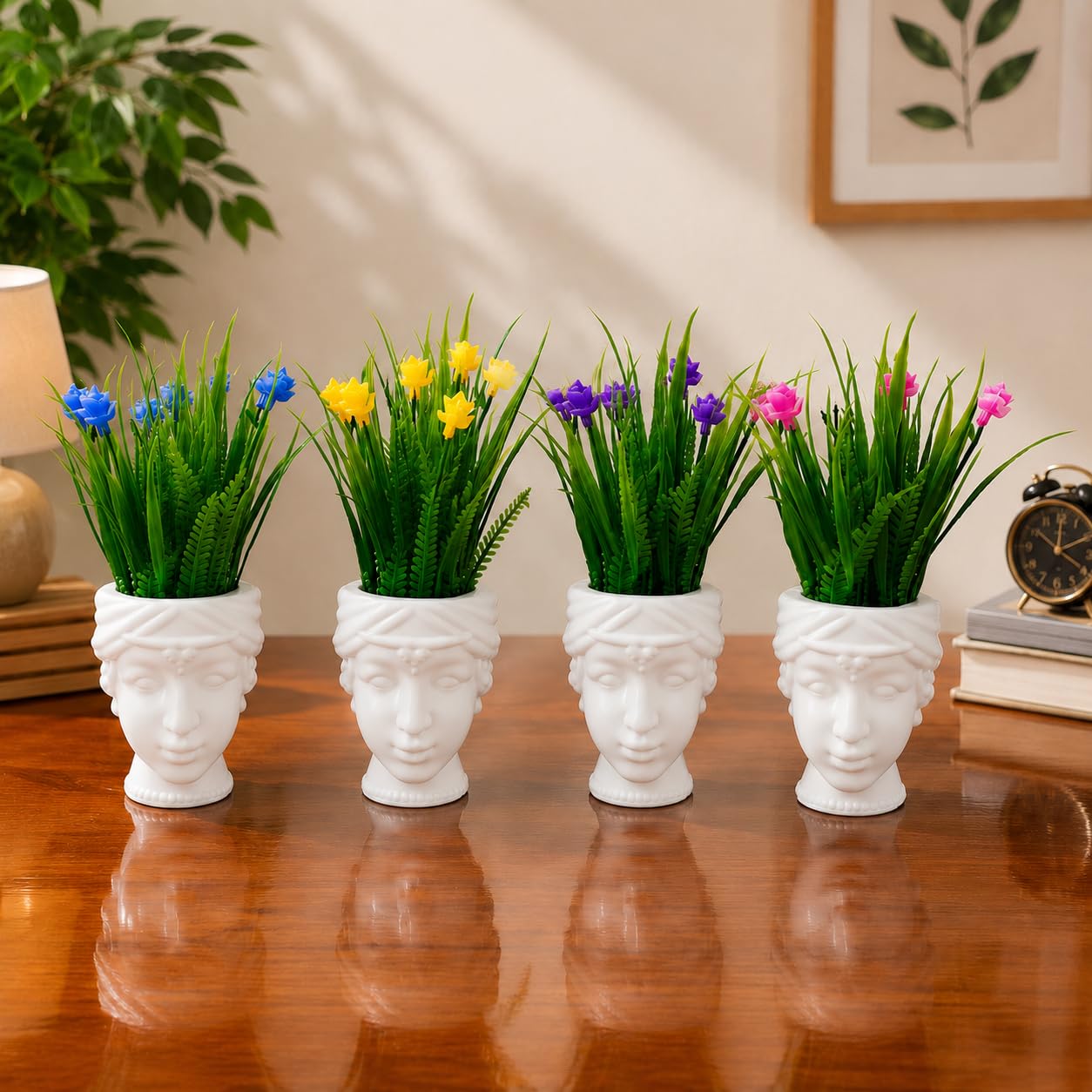 Set of 4 Artificial Potted Plants, Colorful Flower Pots for Home Decor & Office Decoration, Cute Face Pots for Study Desk, Office Table and Dining Room Small Plastic Plants 15 cm-image-25