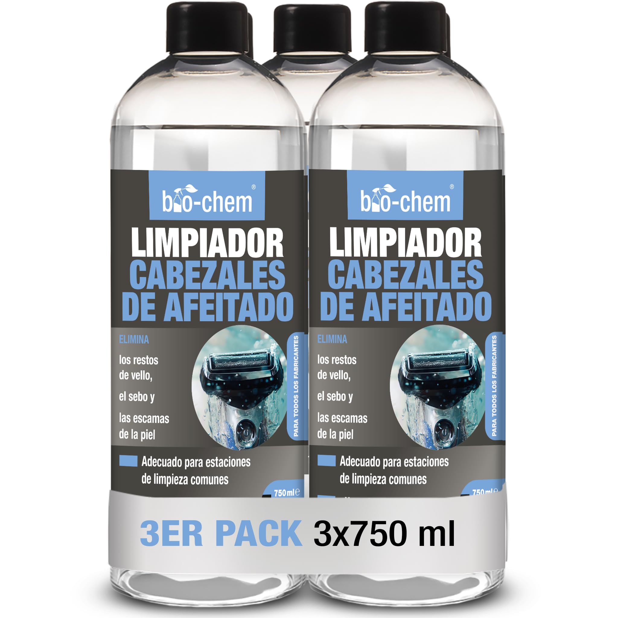 bio-chem Limpiador para cabezales de afeitado 3x 750 ml | Limpiador para cabezales de afeitado para hombres y mujeres - Apto para todas las marcas - Limpieza cabezales de afeitado