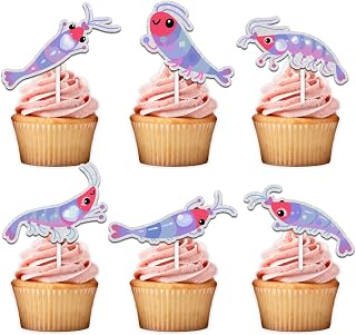 18pcs Blue Glitter Shrimp Dessert Cupcake Topper Pick for Creature Creature Shrimp Theme Decor Supplies Men Women Happy Birthday Wedding Anniversary Party Decorations