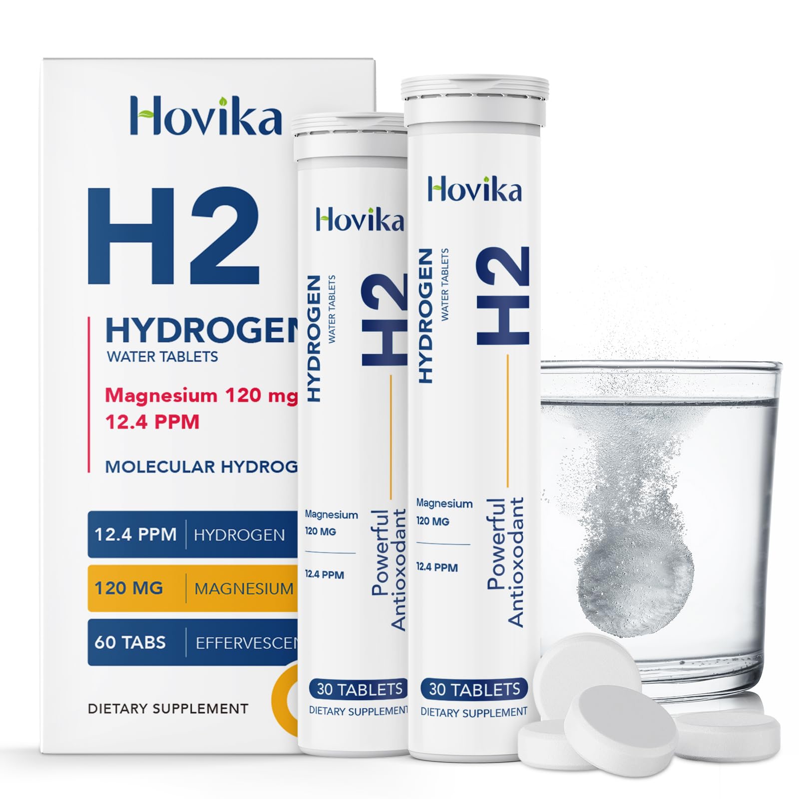 Hydrogen Water Tablets, with Magnesium for Drinking Water, Up to 12.4 PPM Molecular Hydrogen, Fast Dissolving Hydrogen Tablets, Supports Cellular Health & Hydration, Unflavored, 60 Tablets