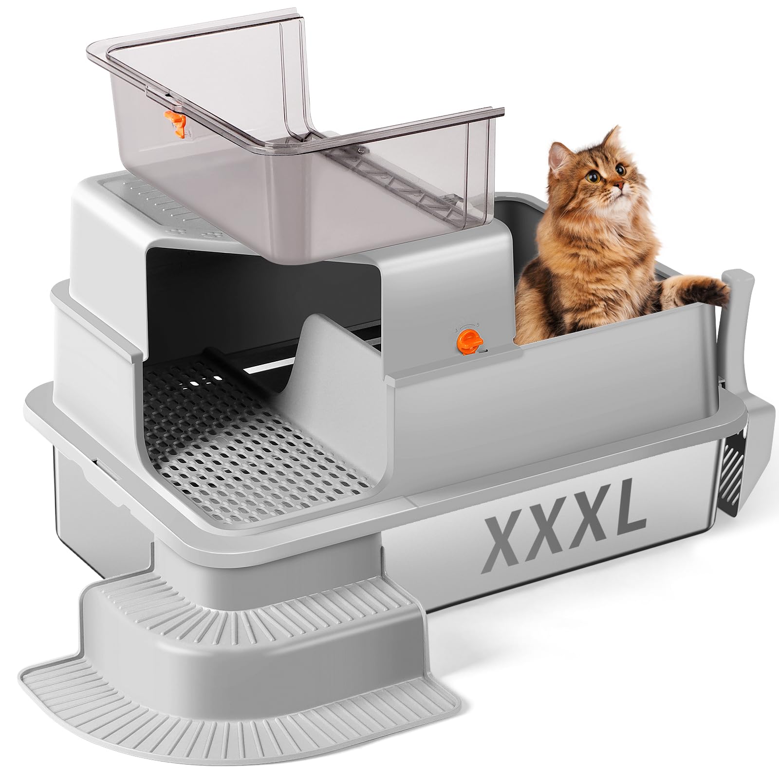 Litière pour Chat en Acier Inoxydable, bac à litière Haut en métal avec allée filtrée, Marche, Pelle, Non Collante, sans Odeur, Facile à Nettoyer (Gris Clair)