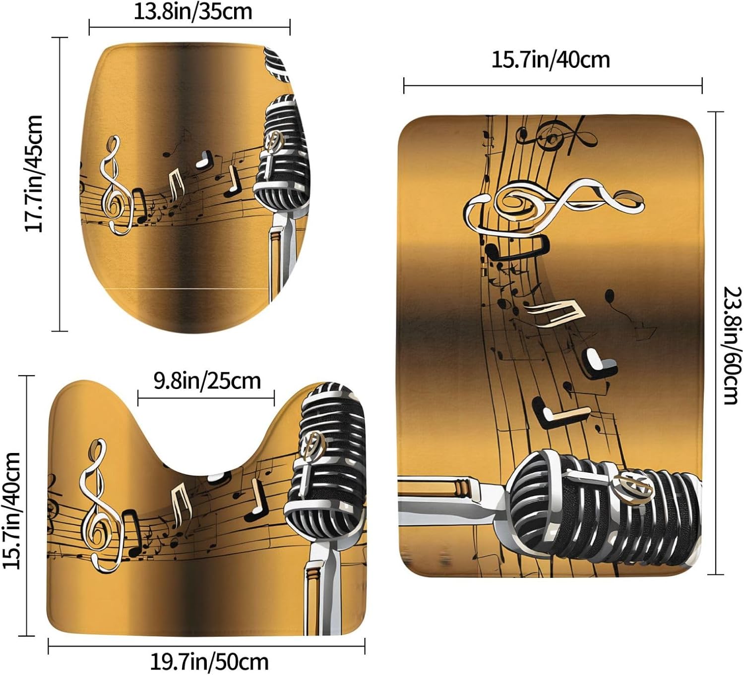 Microphone with Music Notes Print 3pc Bathroom Rug Set, Soft Flannel, Non-Slip, Absorbent Bath Mat, Contour & Lid Cover, Hand Wash