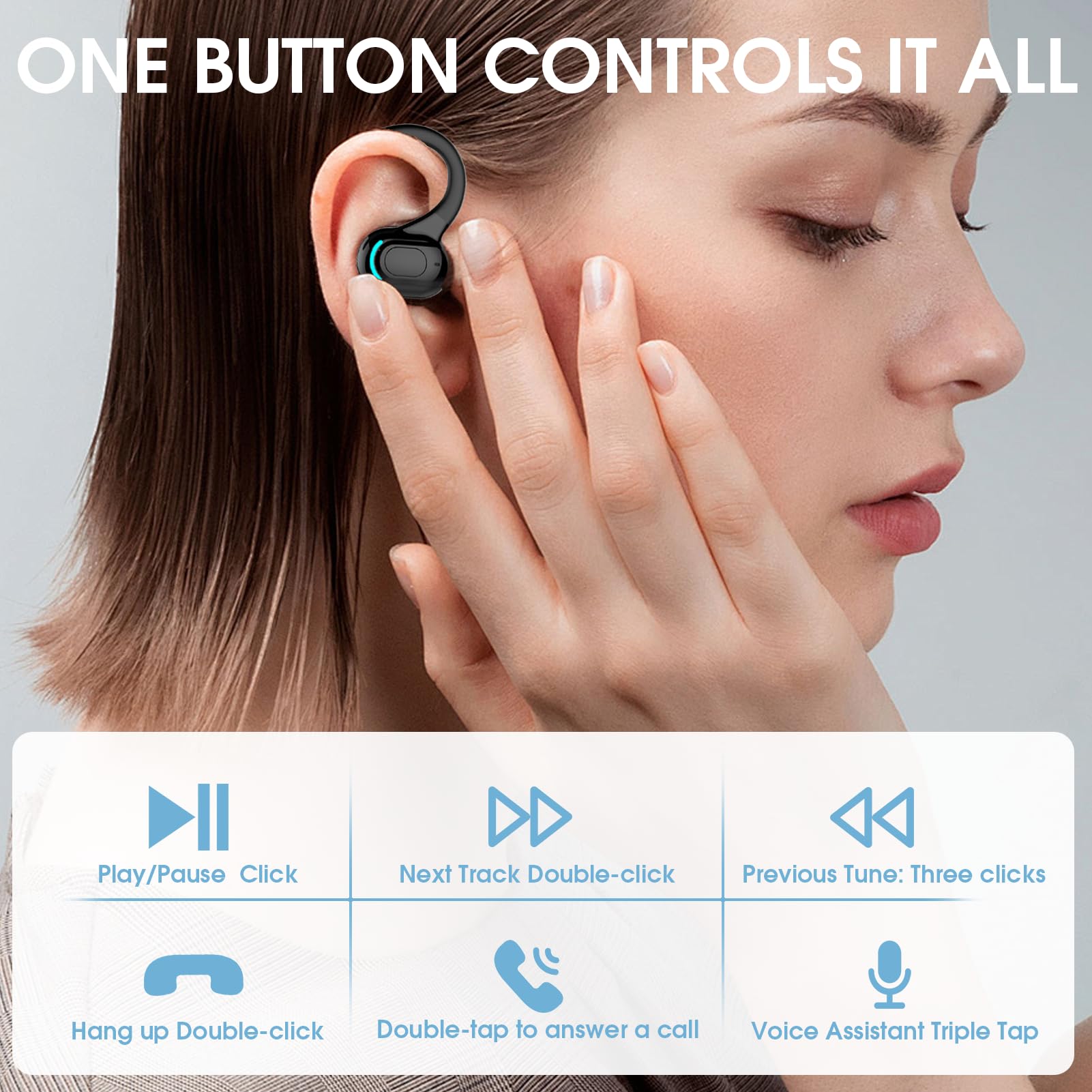 Oreillette Bluetooth Sans Fil V5.2 Avec Micro Intégré, Écouteurs Sans Fil, Tour D'oreille 360°, 20h De Lecture, Tour D’Oreille Réduction De Bruit Écouteur Mono Pour Iphone, Android, Pc, Sport, Travail