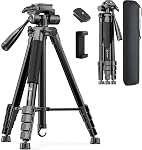 73" Camera Tripod for Camera and Phone, Aluminum Travel Tripod for iPhone, DSLR Tripod with Phone Holder, Quick Release Plate, Travel Bag, Compatible with GoPro Camcorder, 8.8 lbs Load