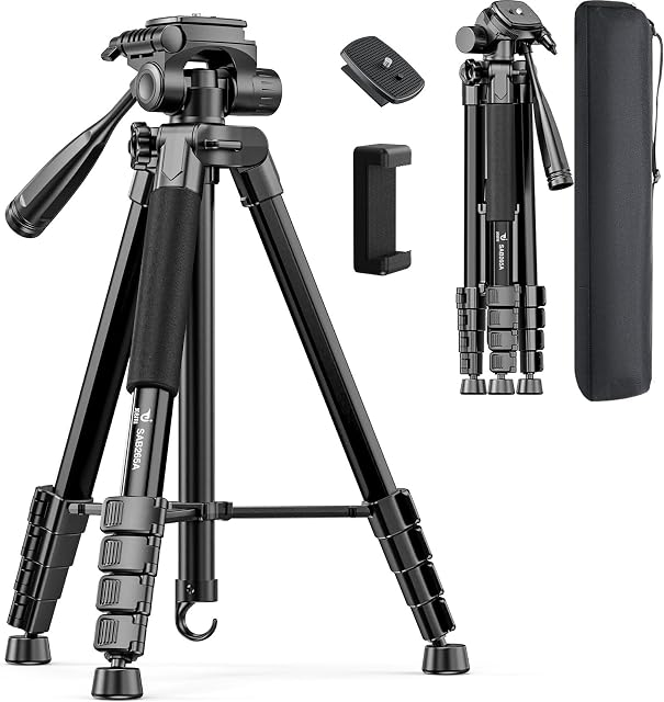 73" Camera Tripod for Camera and Phone, Aluminum Travel Tripod for iPhone, DSLR Tripod with Phone Holder, Quick Release Plate, Travel Bag, Compatible with GoPro Camcorder, 8.8 lbs Load