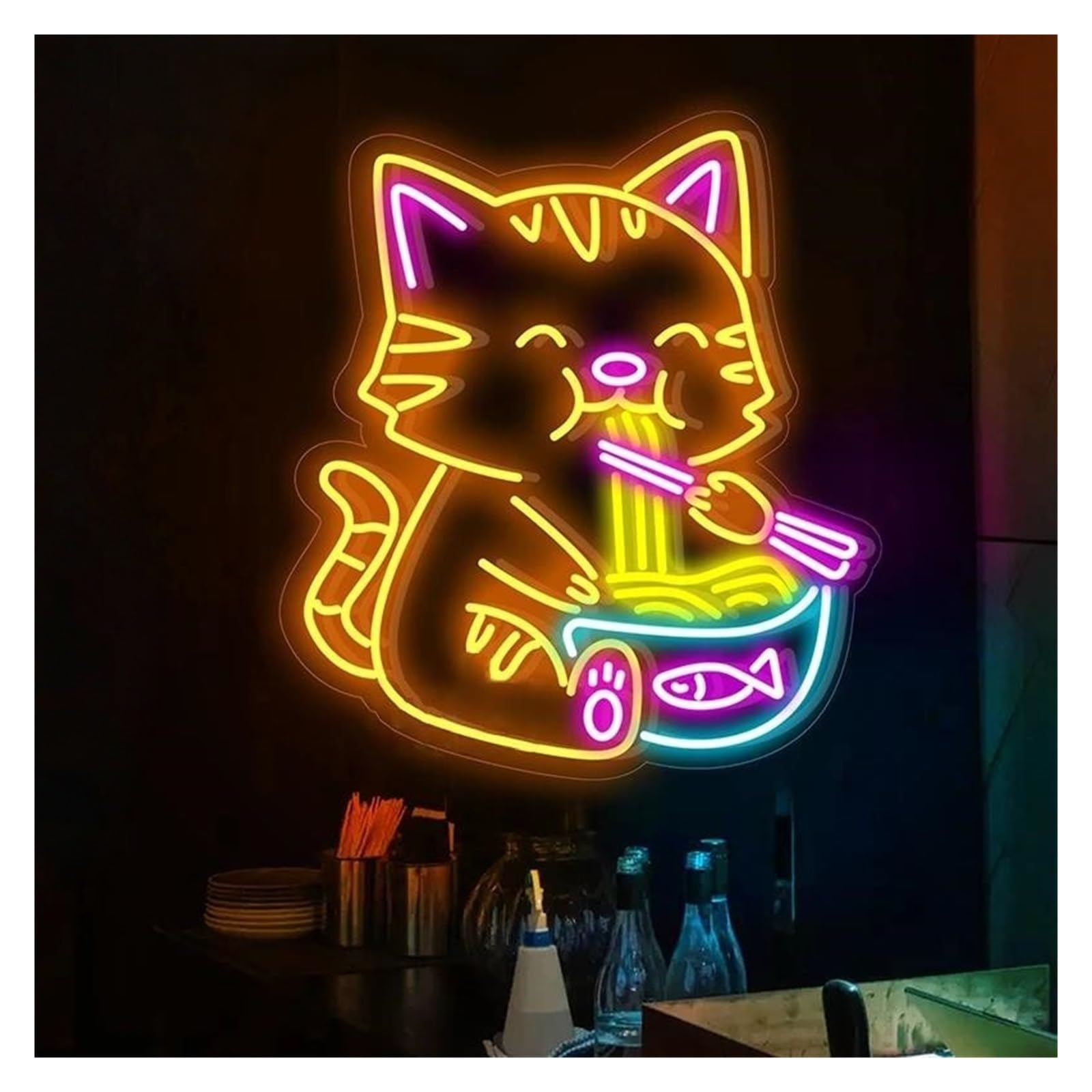 LED néon signe Panneau Néon Pour Chat Alimenté Par USB Luminosité Réglable, Mangeant Des Nouilles Lumières Néon Pour Chat Convient Pour La Décoration De Bistrot 50cmx38cm