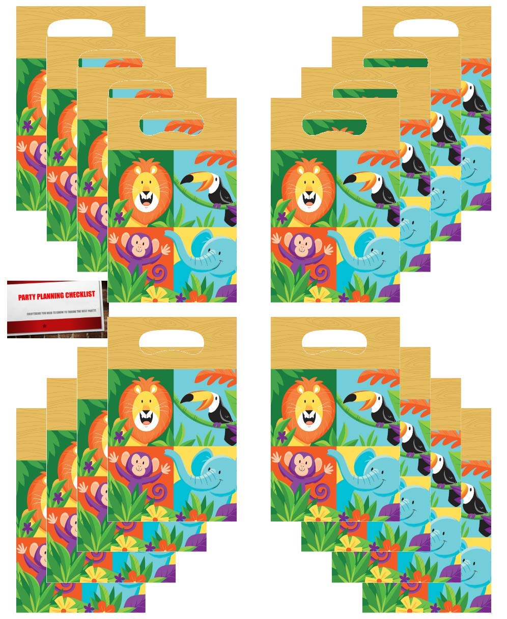 Jungle Forest Animals Safari Lion Elephant Monkey Birthday Party (16 Pack) Plastic Loot Treat Candy Favor Bags (Plus Party Planning Checklist by Mikes Super Store)