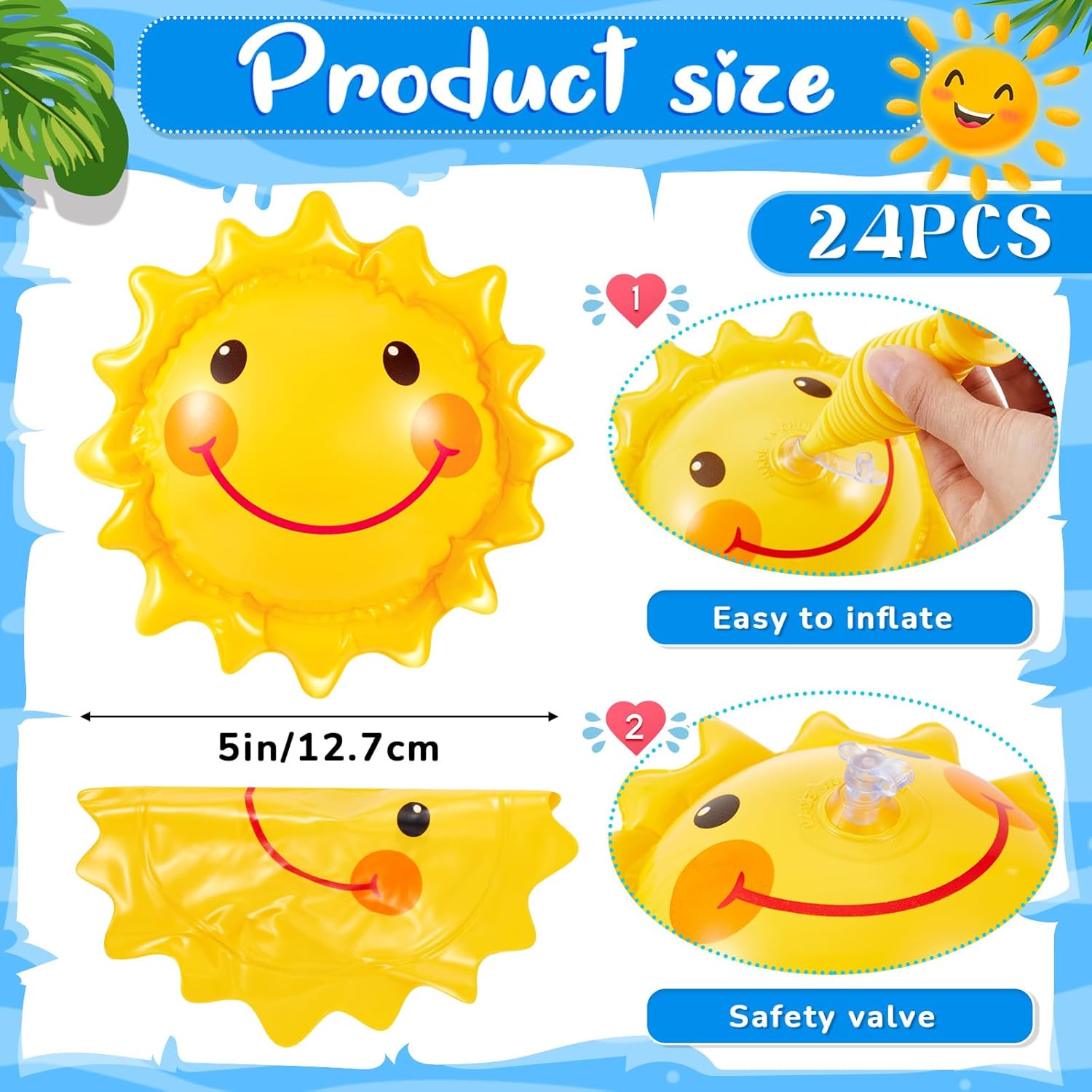 Jexine 24 Pcs Inflatable Beach Balls for Kids Beach Balls for Summer Pool Games Kids Birthday Pool Party Supplies(5 Inch, Sun)