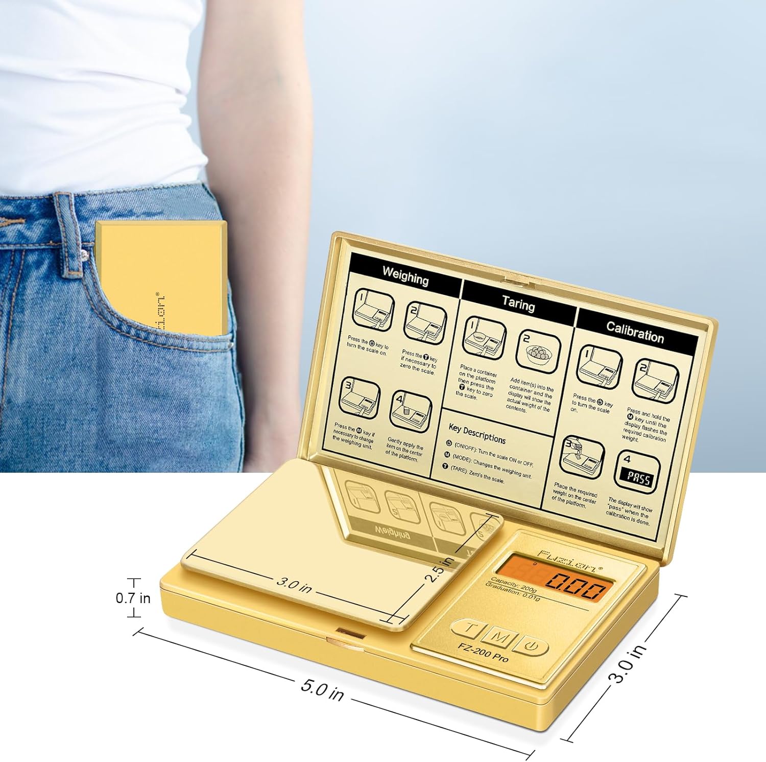 Image showing the Fuzion Digital Pocket Gram Scale being stored in a pocket, highlighting its compact size and portability.