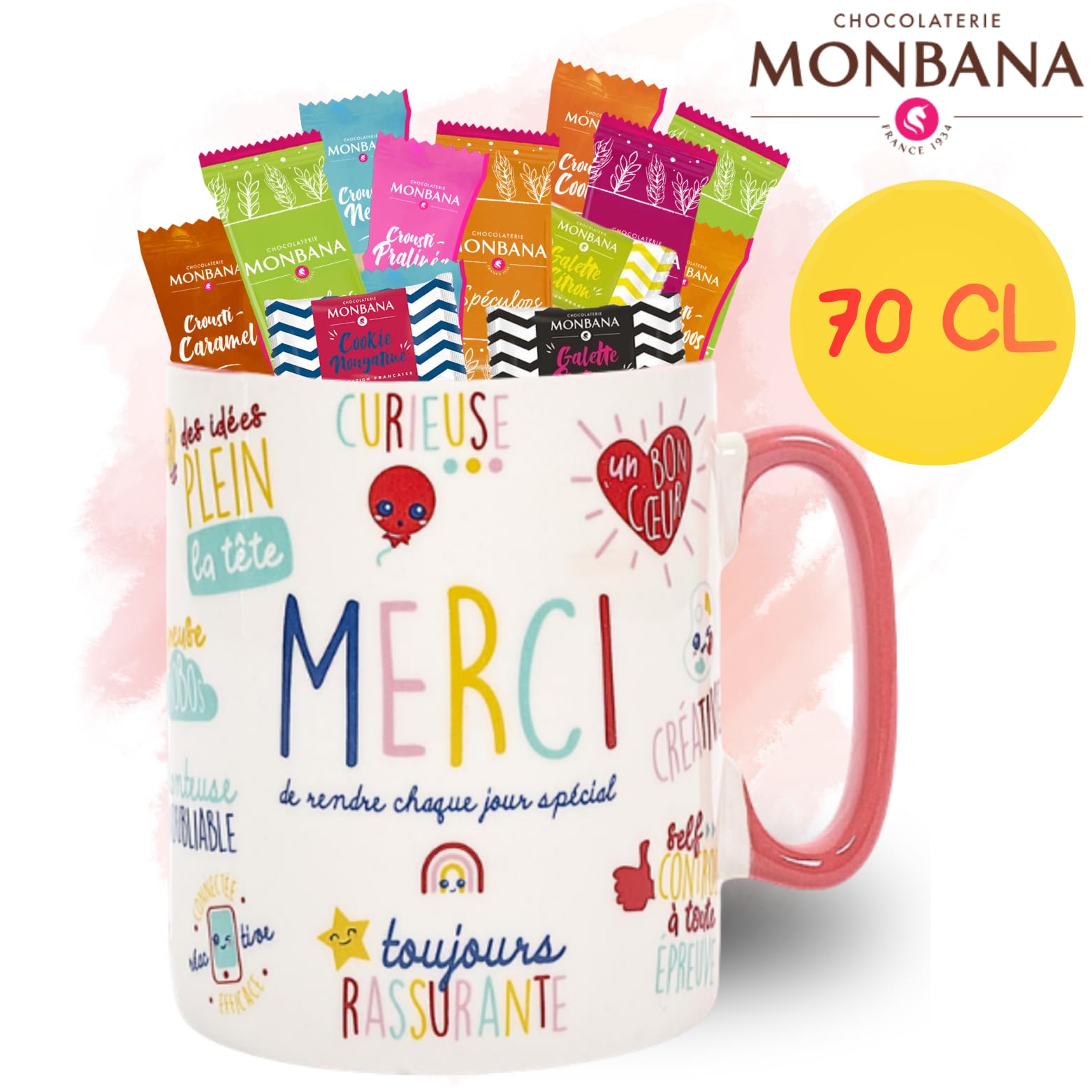 Coffret Cadeau Gourmand | Mug XXL garni de 60 Croustilles & Biscuits MONBANA | Tasse Prête à Offrir pour remercier Maîtresse, Maman, Nounou, Soignant