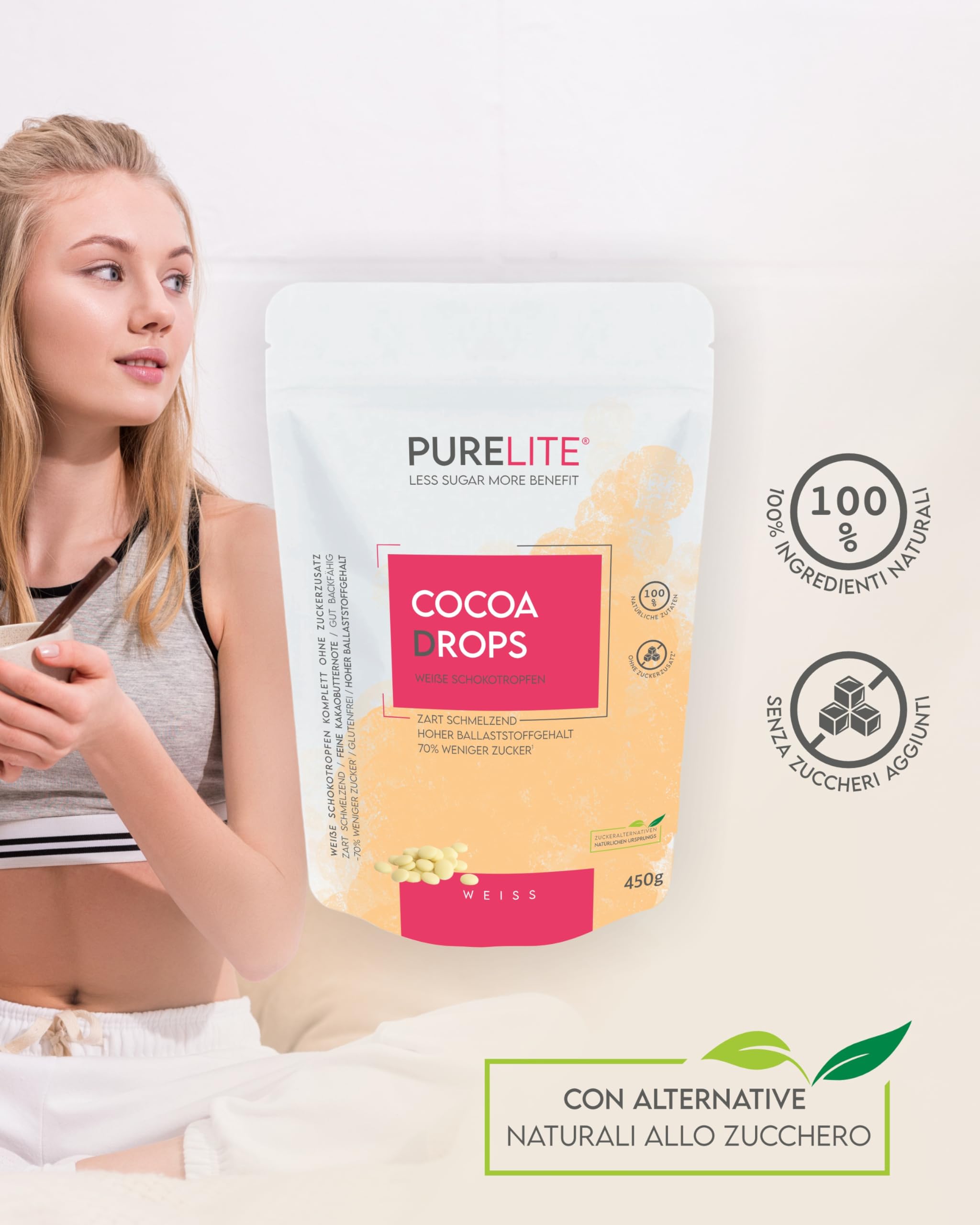 PURELITE Cocoa Drops bianco 450g, gocce di cioccolato bianco senza zuccheri aggiunti con eritritolo e stevia senza retrogusto, con il 70% di calorie in meno