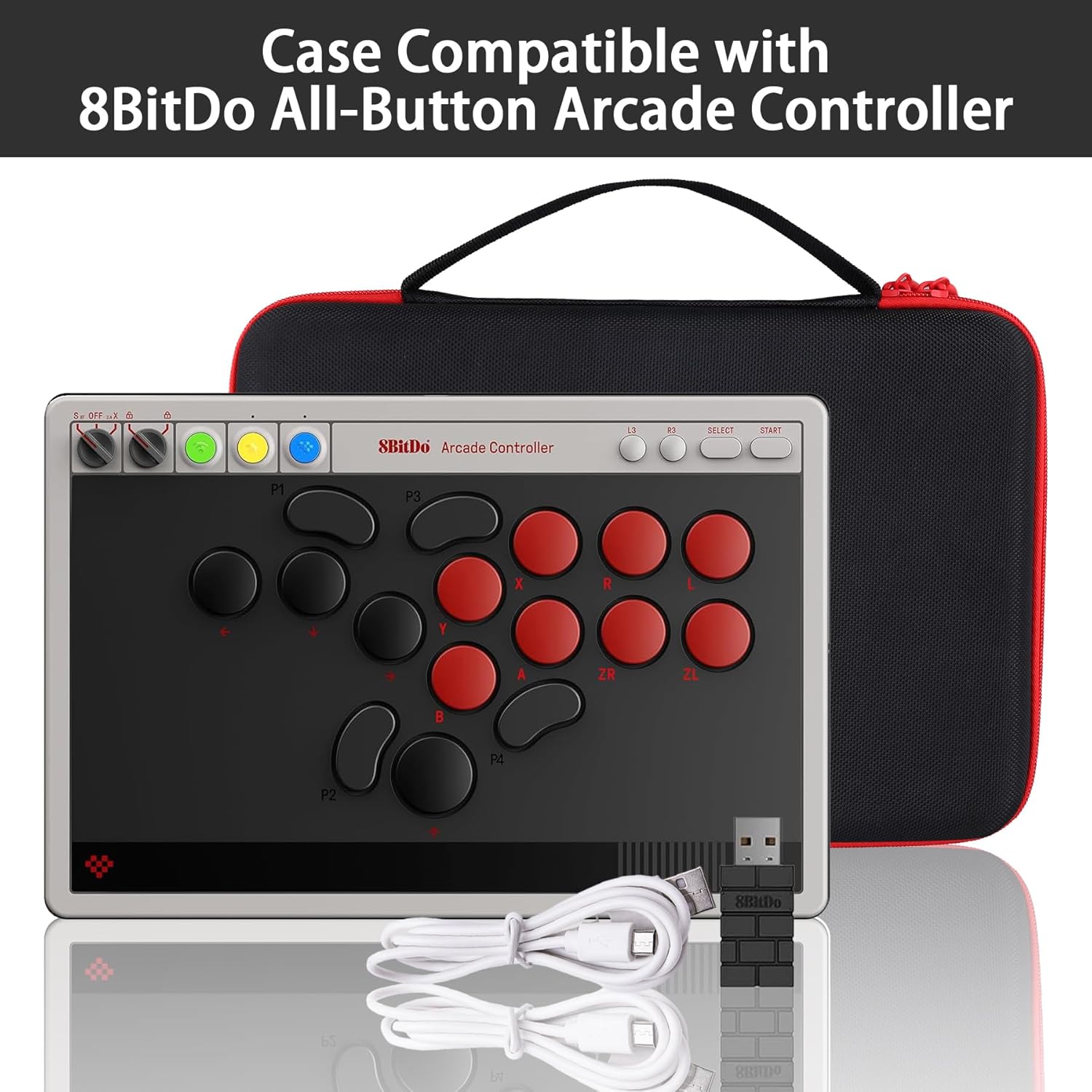co2CREA Carrying Case Compatible with 8BitDo All-Button Arcade Controller (Black Case + Red Zipper)