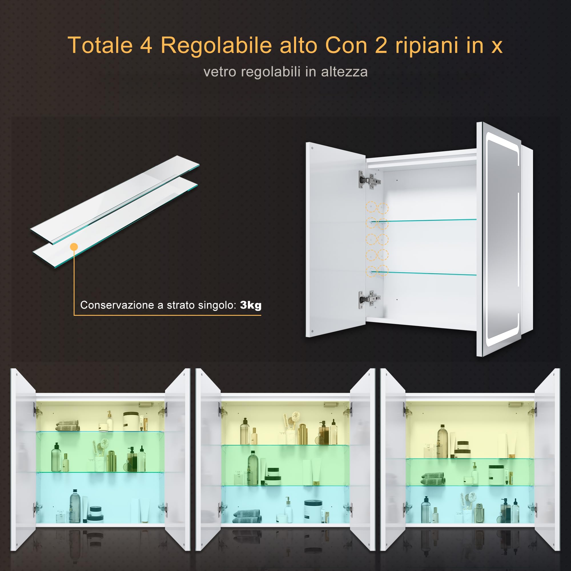 SONNI Armadietto Specchio Bagno con Illuminazione, 3 Colori Luce Regolabile Antiappannamento LED, Mobile Bagno con Specchio Verniciato Ferro a Singola, Design Armadietto Medicina,59x60x14cm