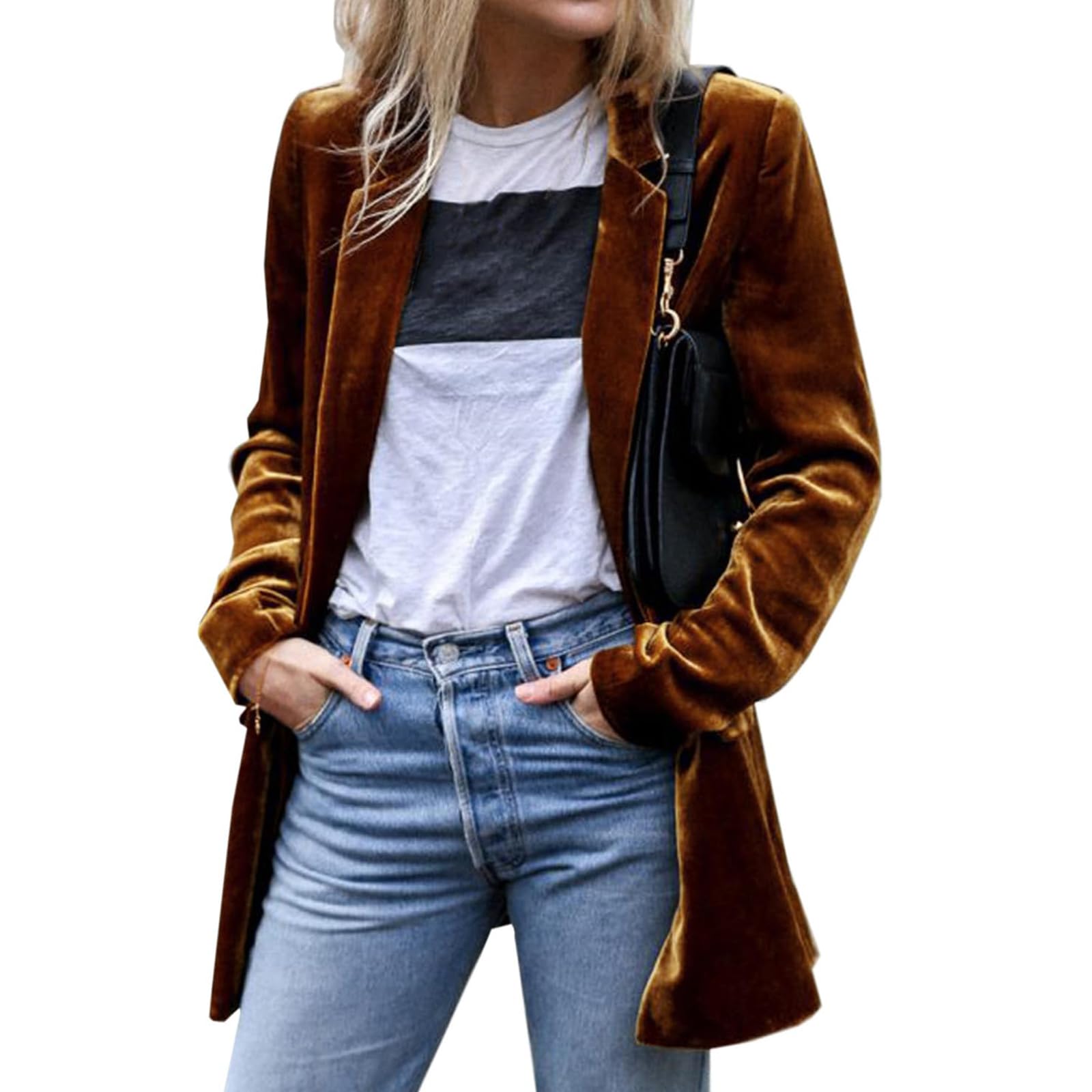 Velvet Blazers for Women Open Front Cardigan Jacket Casual Suit Jacket Mid-Length Coat Work Office Business Blazer