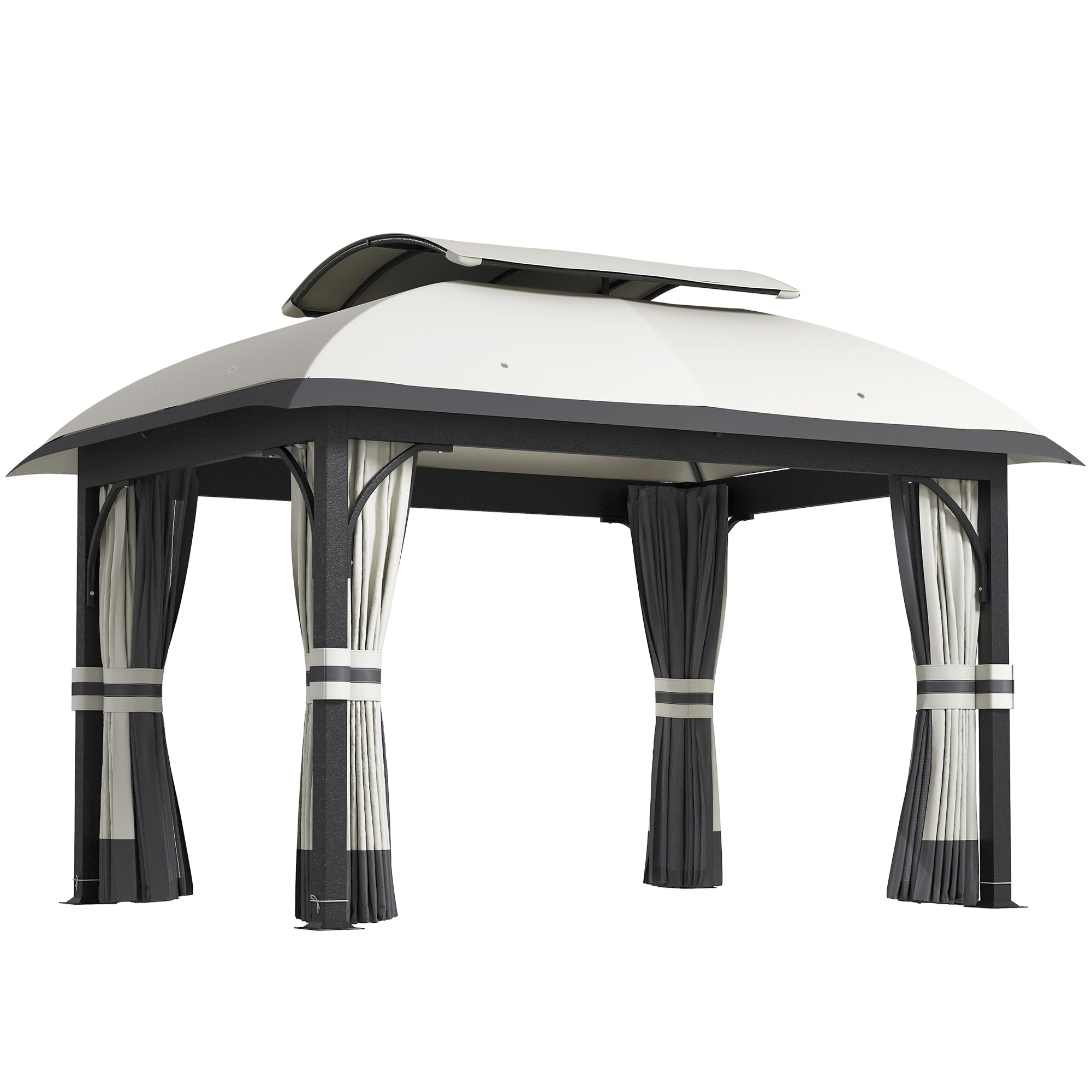 Outsunny Pavillon mit Doppeldach, 4x3,3 m, wasserabweisend und stabil, Winterfest Gartenpavillon aus verzinktem Metall mit Moskitonetz und Seitenteilen, für Garten oder Terrasse, Hellgrau