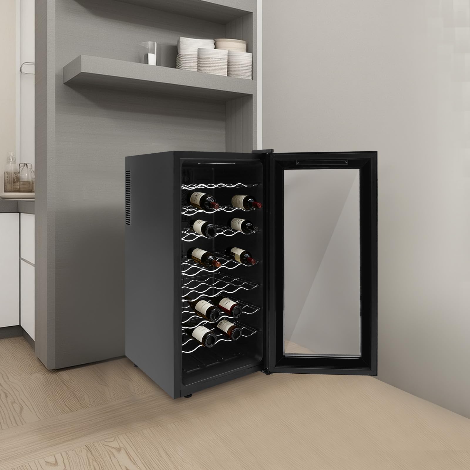 Weinkühlschrank 78L 32 Flaschen Standweinkühlschrank Mit LED Display Temperaturbereich 12-18°C,7 Abstellflächen Belastbar 9kg Pro Stück,Doppelschicht Glas Tür Leise ≤38dB Ideal Für Rotwein Champagner