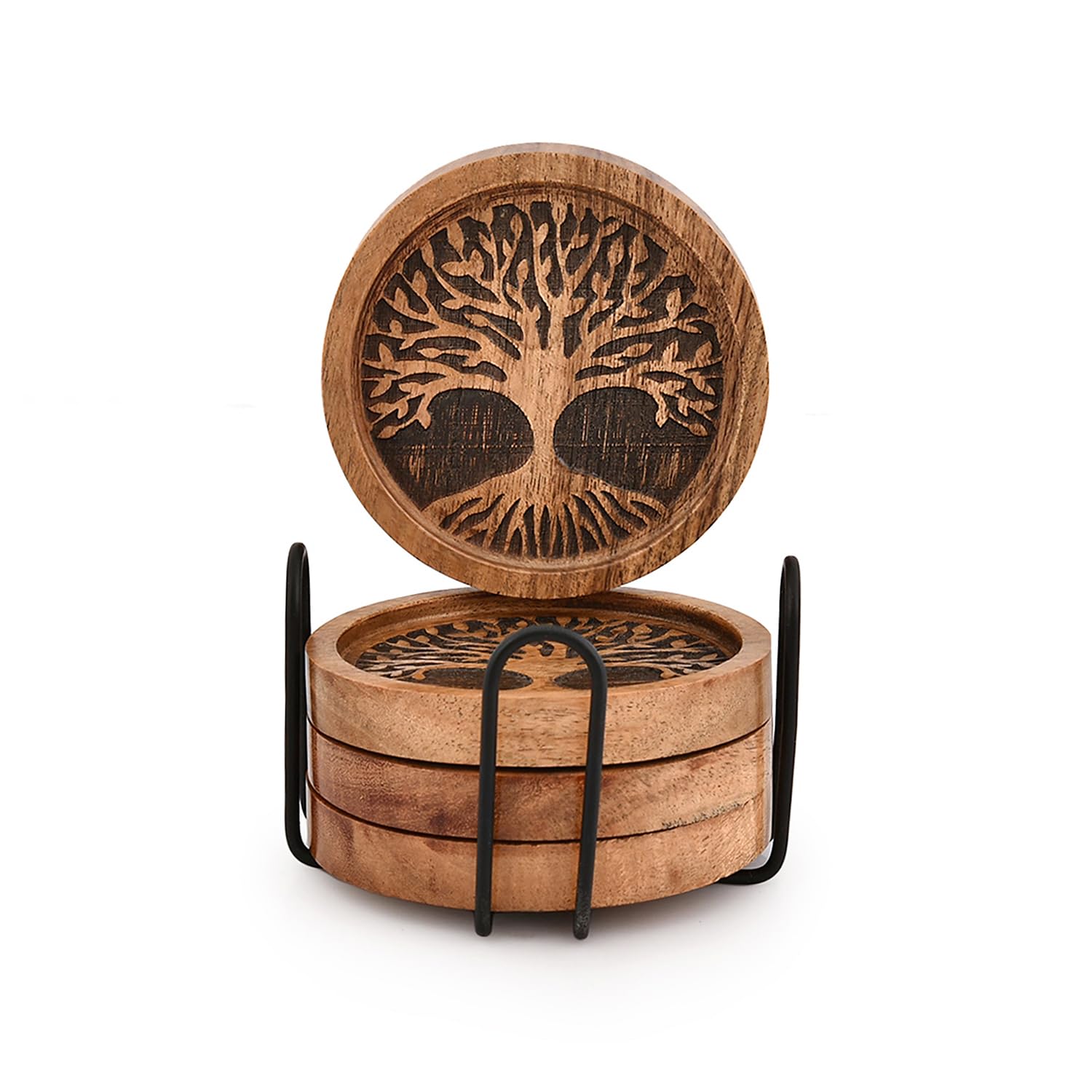 Indus Lifespace Coasters Set of 4 Acacia Wood Round Wooden Tree of Life Coasters for Drinks with Iron Holder for Modern Home Decor, Home Dining Table Décor (4" X 4" X 0.5)