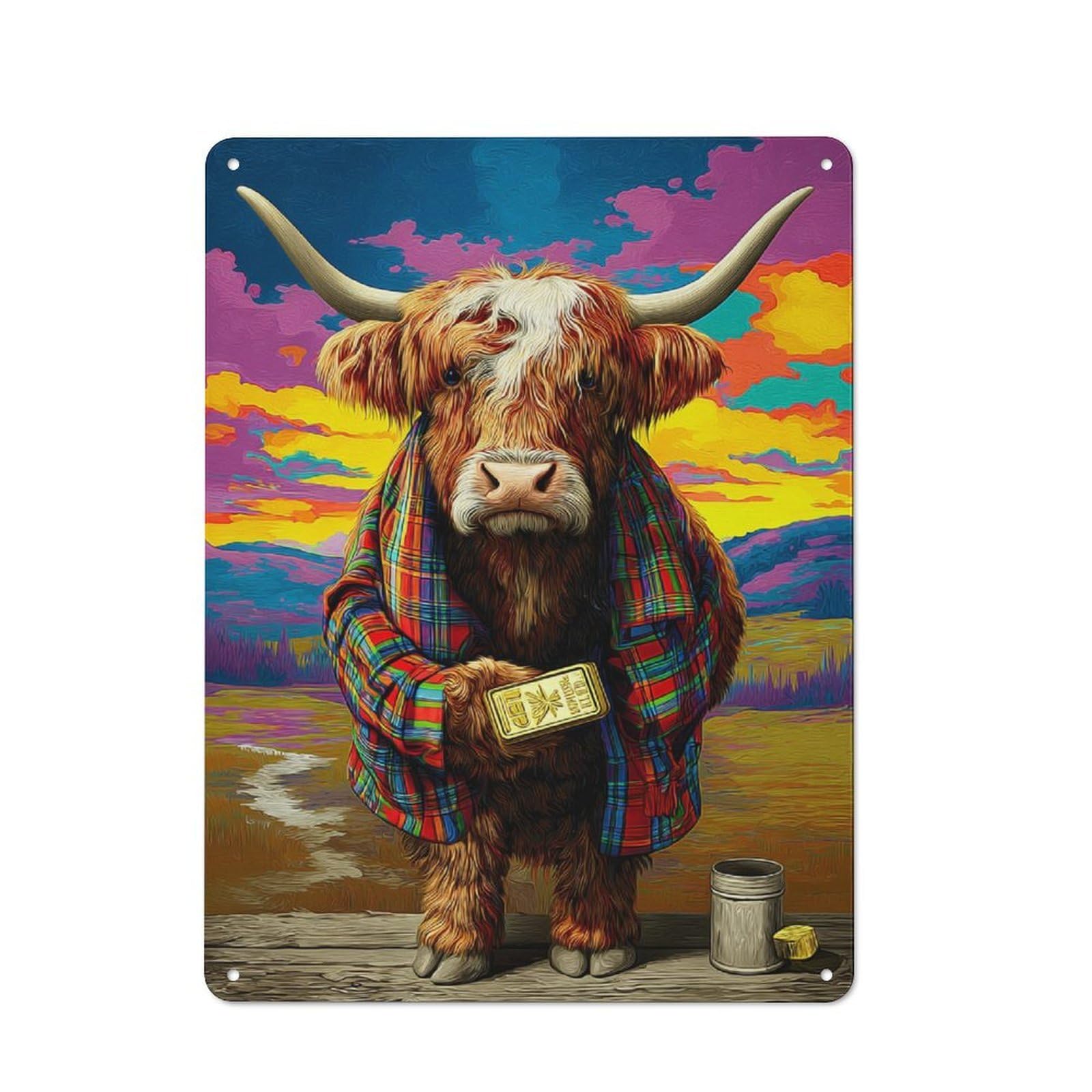 Junmoney Highland Cow With Plaid Shirt Holding Gold Ba Understated Decorative Metal Sign 40X30cm Featuring R, Study Room Decor For Workspace, Cafe, Shop Or Desk Area