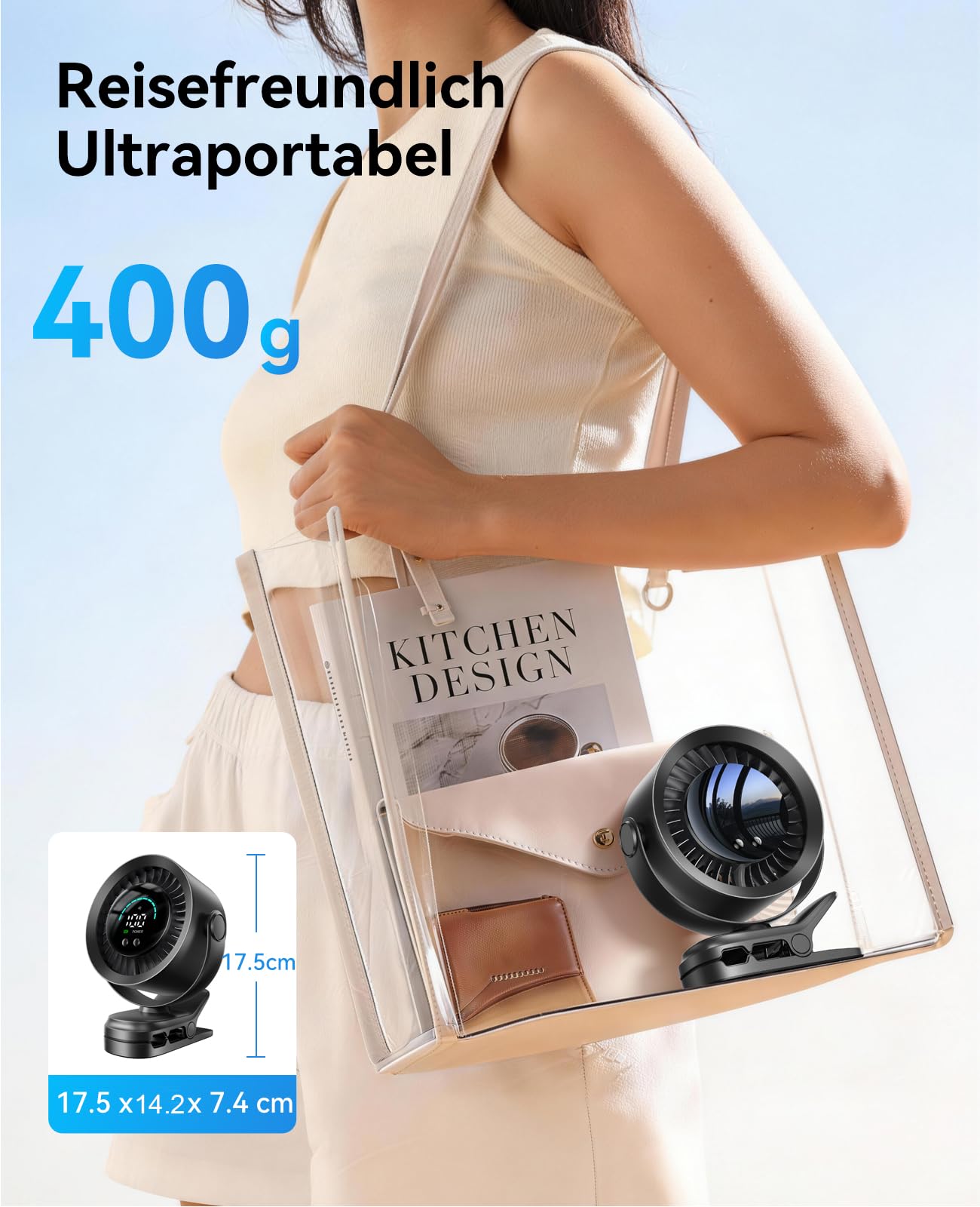 KIMMOO Clip-Ventilator Wiederaufladbar, 100 Stufen USB-Tischventilator mit LED-Display, 360° Rotation & Starker Luftstrom, bis zu 17 Std. Akku-Laufzeit, Kleiner Ventilator für Camping (Schwarz)