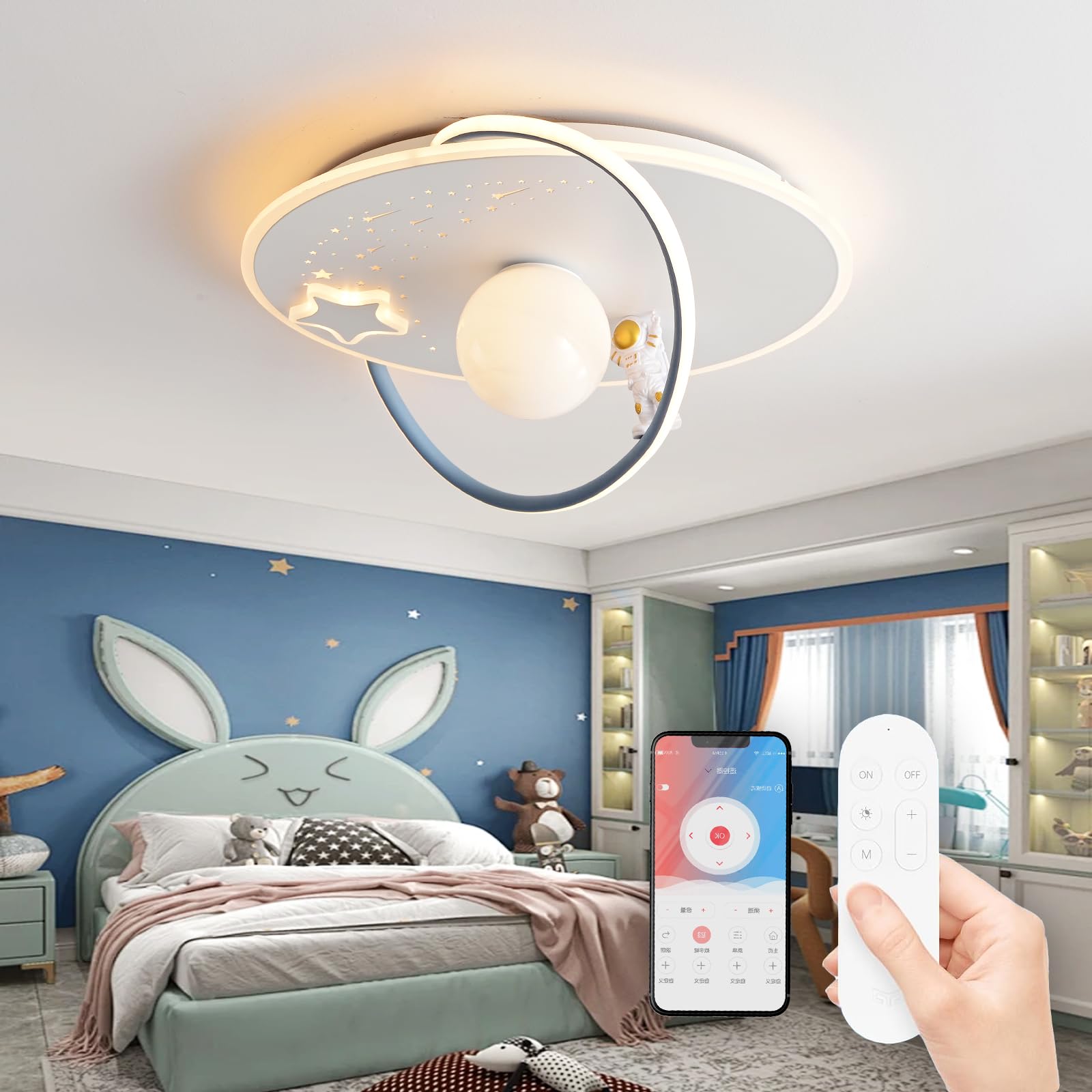 RRBEST LED Plafoniera Dimmerabile Bambini, Lampada da Soffitto con Telecomando, Lampada Soffitto Camera da Letto Astronauta, Cartoon da Creativa per Bambino Ragazzi, 3000-6000K, Ø50CM