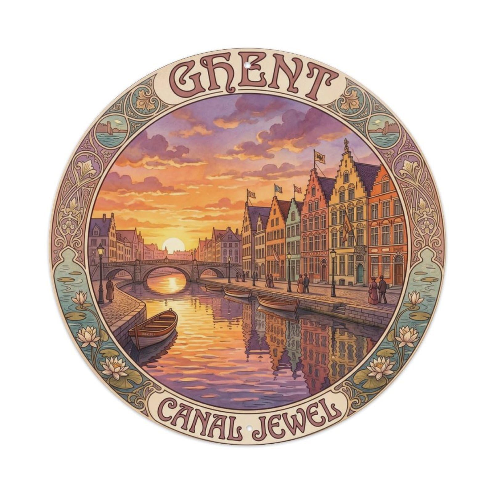Vintage Travel Ghent Waterfront Belgium Metal Tin Sign Plaque Wall Decor for Cafe, Club Bar, Office, Home Garden Round Metal Poster 8x8Inch
