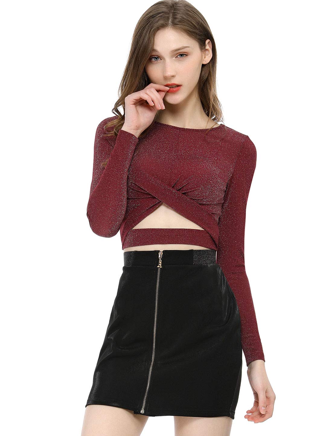 Allegra K Donna Top Festa Paillettes Twist Maniche Lunghe Taglio Cropped | Camicia Lucida con Design Frontale Completo Leggermente Elasticizzata Ottima per Club Concerto Cosplay