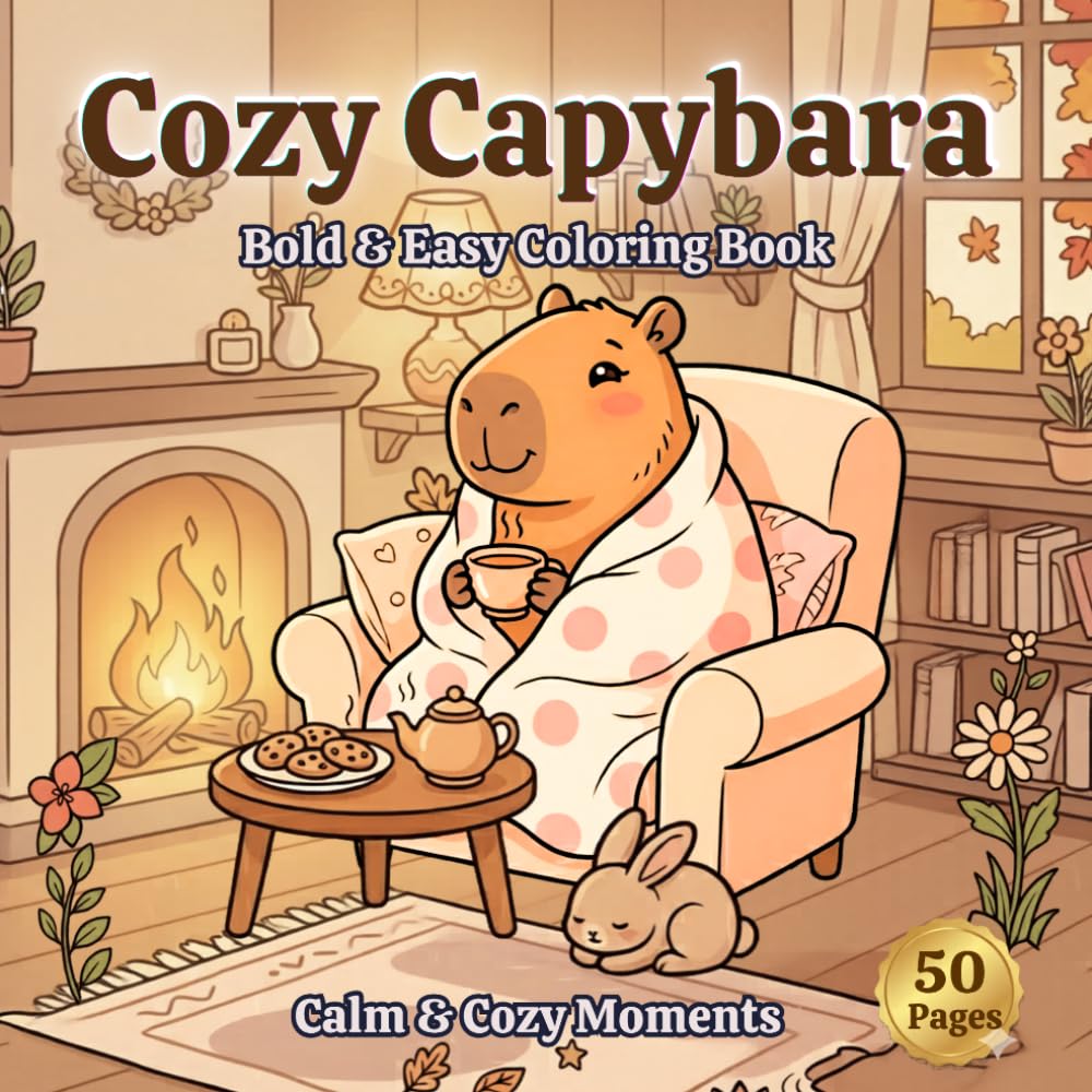 Cozy Capybara Coloring Book: Bold & Easy Coloring Pages for Adults and Teens Featuring Calm Cozy Moments, Rainy Days, Baking, and Relaxing Hygge Scenes