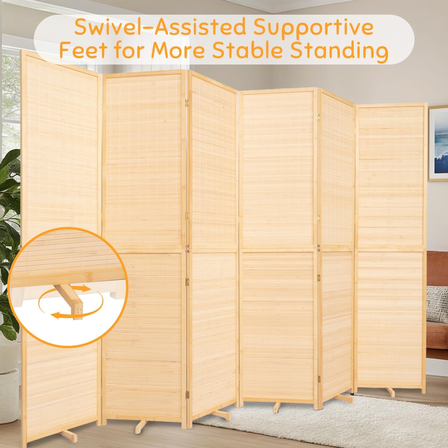 JVVMNJLK Room Divider, 6 FT Tall Folding Privacy Screen, Partition Divider for Room Separation, Portable Freestanding Wall Divider for Room, Bamboo Mesh Woven Design, Brown (Beige, 6-Panel 67”)