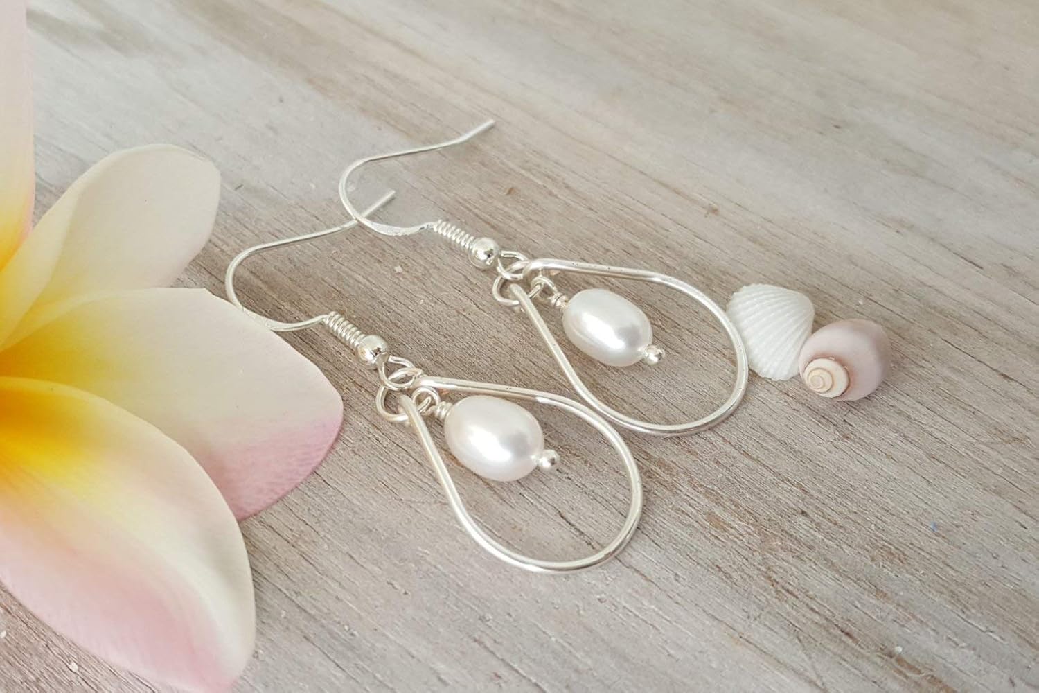 Handmade Earrings, Hawaiian Jewelry for Women, Wire Loop Pearl Earrings, Handmade Beach Jewelry For Women Birthday Gift For Mom (June Birthstone)