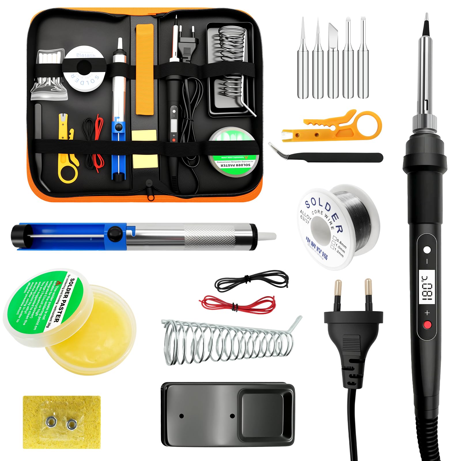 Fer à Souder Kit 100W Température Réglable de 180-520°C fer a Souder Etain 16-en-1 Soudure Electronique de Precision Set avec 5 Pointes, Fil à Souder, Support de Fer