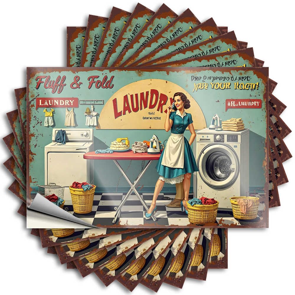 Sticker Men Vinyl Sticker | Vintage Laundry Room Scene with Woman Ironing Motivational for Diatomaceous Use(12X18CM)
