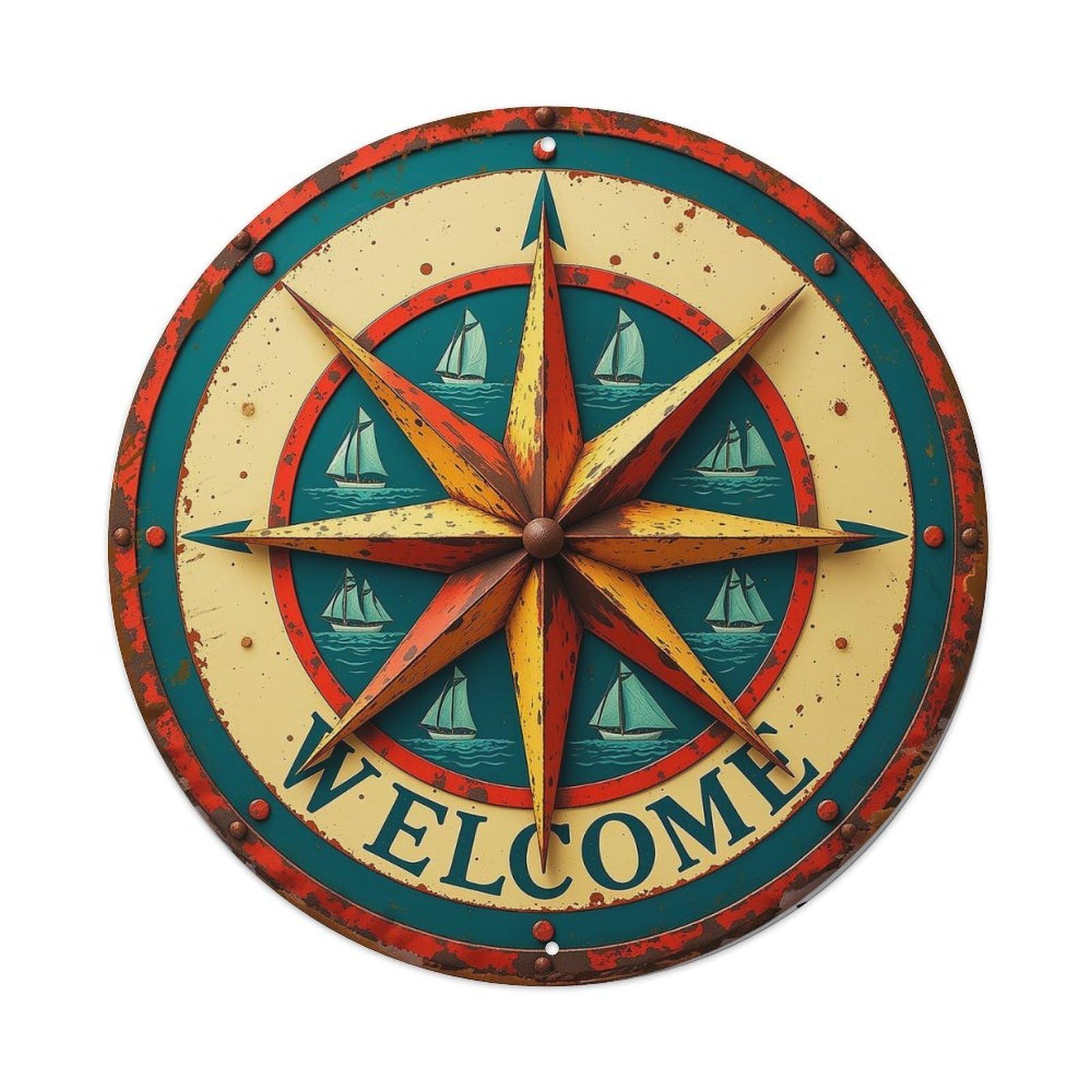 Nautical Compass Welcome Sign Pattern Round Tin Sign Vintage Metal Sign Home Bar Garden Indoor & Outdoor Wall Decor Retro Metal Poster 8x8 Inch