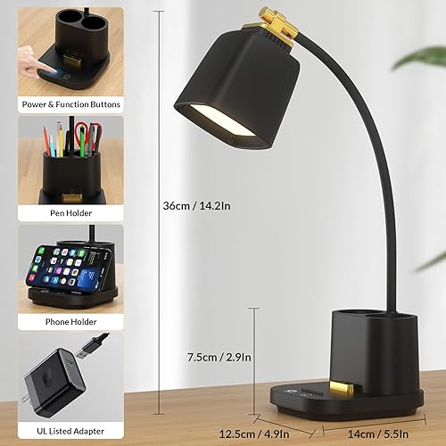 Miniatura 5 de Lámpara de escritorio para oficina en casa, con puerto de carga USB y soporte para bolígrafo, control táctil regulable, perfecta para estudio,