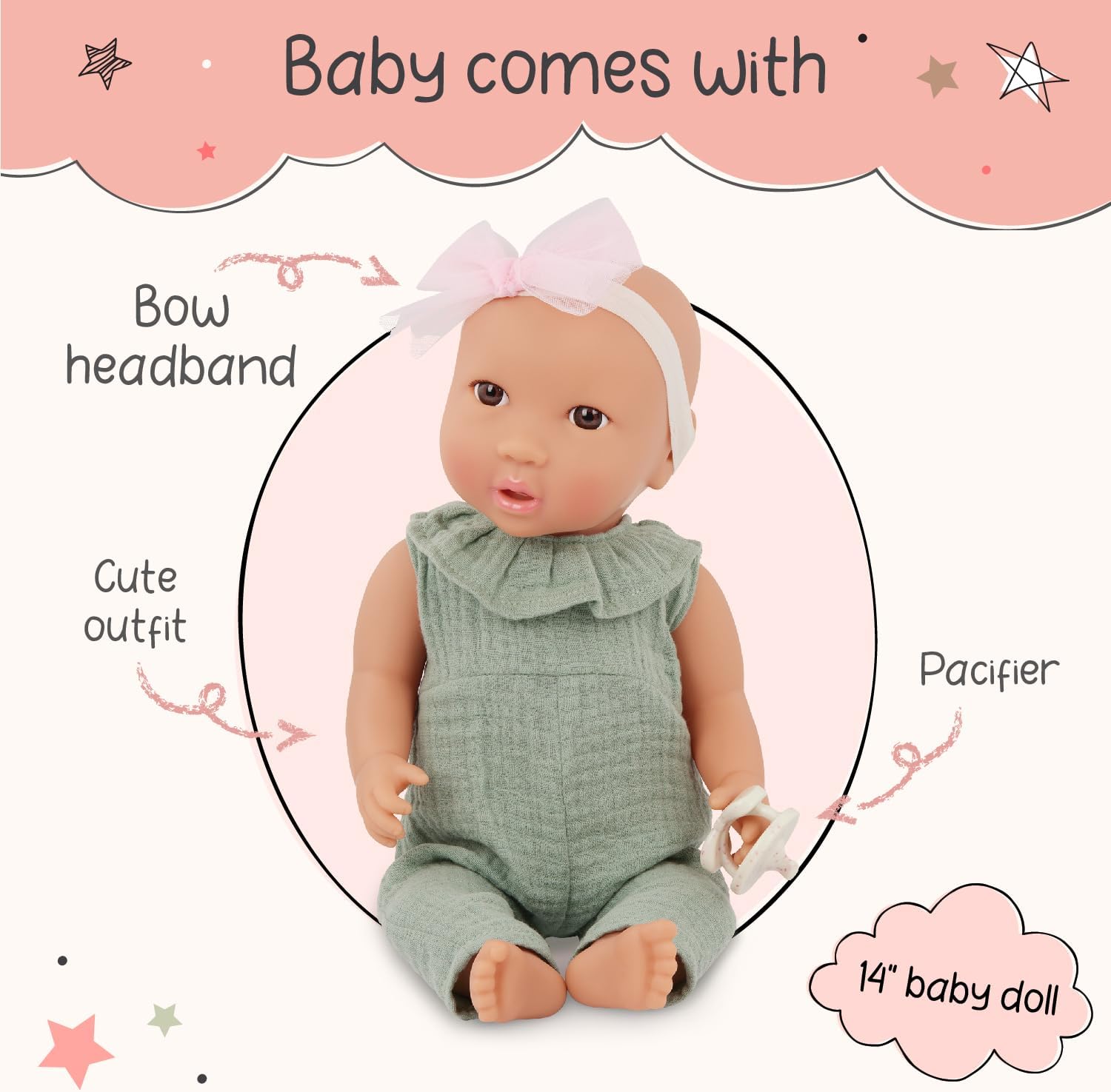 LullaBaby – 14-Inch Realistic Baby Doll – Blue Eyes, Fair Skintone & Soft Huggable Body – Green Jumper Outfit with Bow Headband – Removable Clothes – Pretend Play Toy for Kids Ages 2+