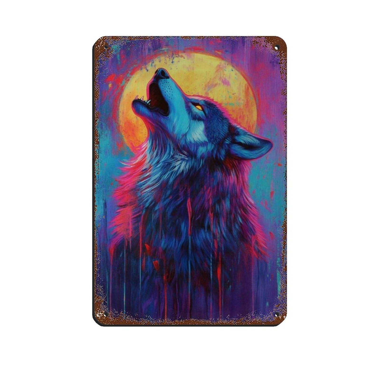 Lxwnze 20L X 30W Cm Colorful Wolf Howling At Moon Retro Poster Metal Tin Sign Chic Art Retro Iron Painting Bar People Cave Cafe Family Garage Poster Wall Decoration 8X12inch(20X30cm)
