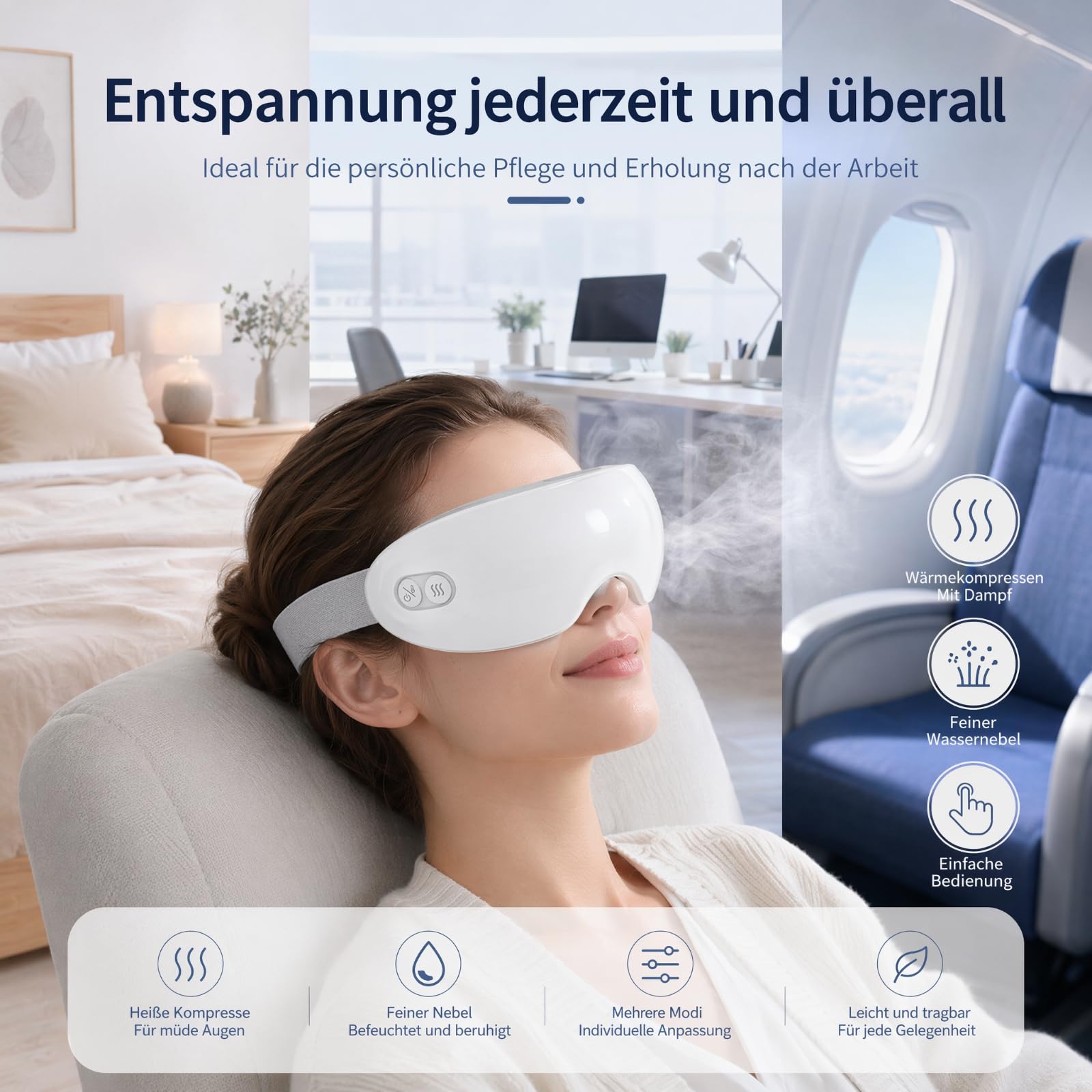 Masque Chauffant Sans Fil, Massage, Masseur Oculaire avec Chaleur, Masque Yeux, Réduit la Fatigue Oculaire Améliorent le Sommeil, Migraine, Compresse Chaude Lavable, Cadeaux pour Femme et Homme