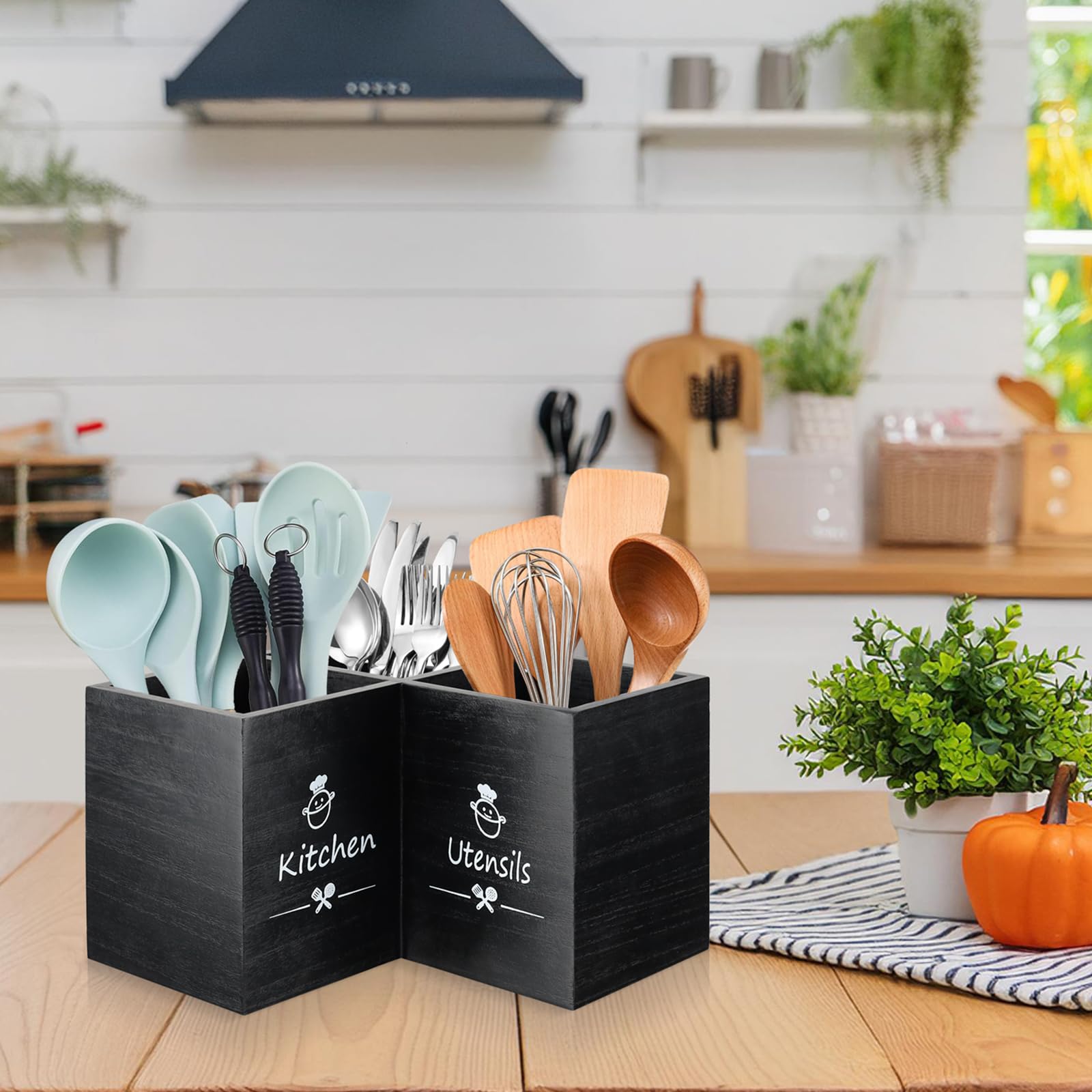 Kitchen Utensilhalter mit Entwässerungboden, Holz Utensil Organizer, große 3 Fächer Küchenutensilien Organizer Stabiler Besteckhalter für Küchenarbeitsplatte