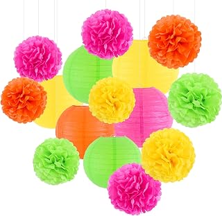 zilue Paper Lanterns and Paper Pom Poms Glow Party Decorations 15pcs