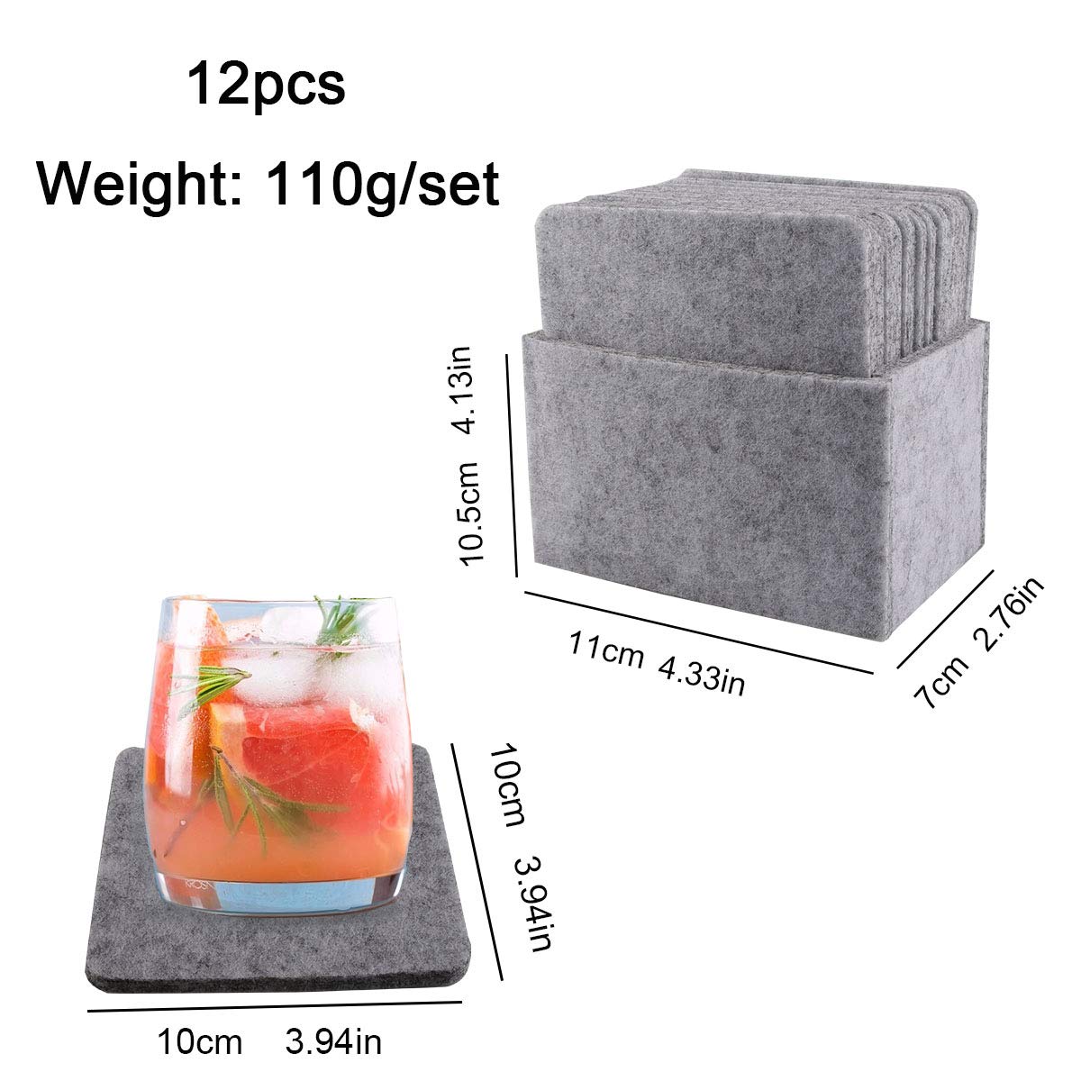 Dessous de Verre en Feutre, Dessous de Verre, Sous-Verre Carré en Feutre 12 Pièces Avec Boîte de Rangement, Sous-Verre Résistant à la Chaleur, Antidérapant, Lavable et Absorbant pour Protéger la Tasse