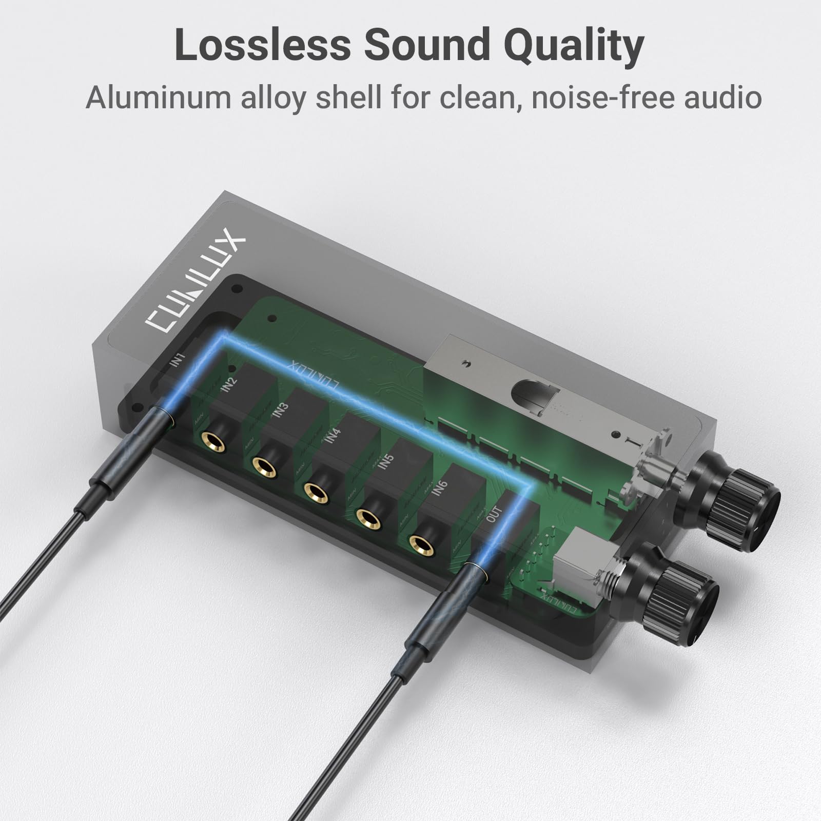 Cubilux Przełącznik audio stereo 3,5 mm 6 w 1 z regulacją głośności i wyciszeniem, 6 wejść na 1 wyjście audio do słuchawek, głośników, laptopa, komputera, smartfona i tabletu