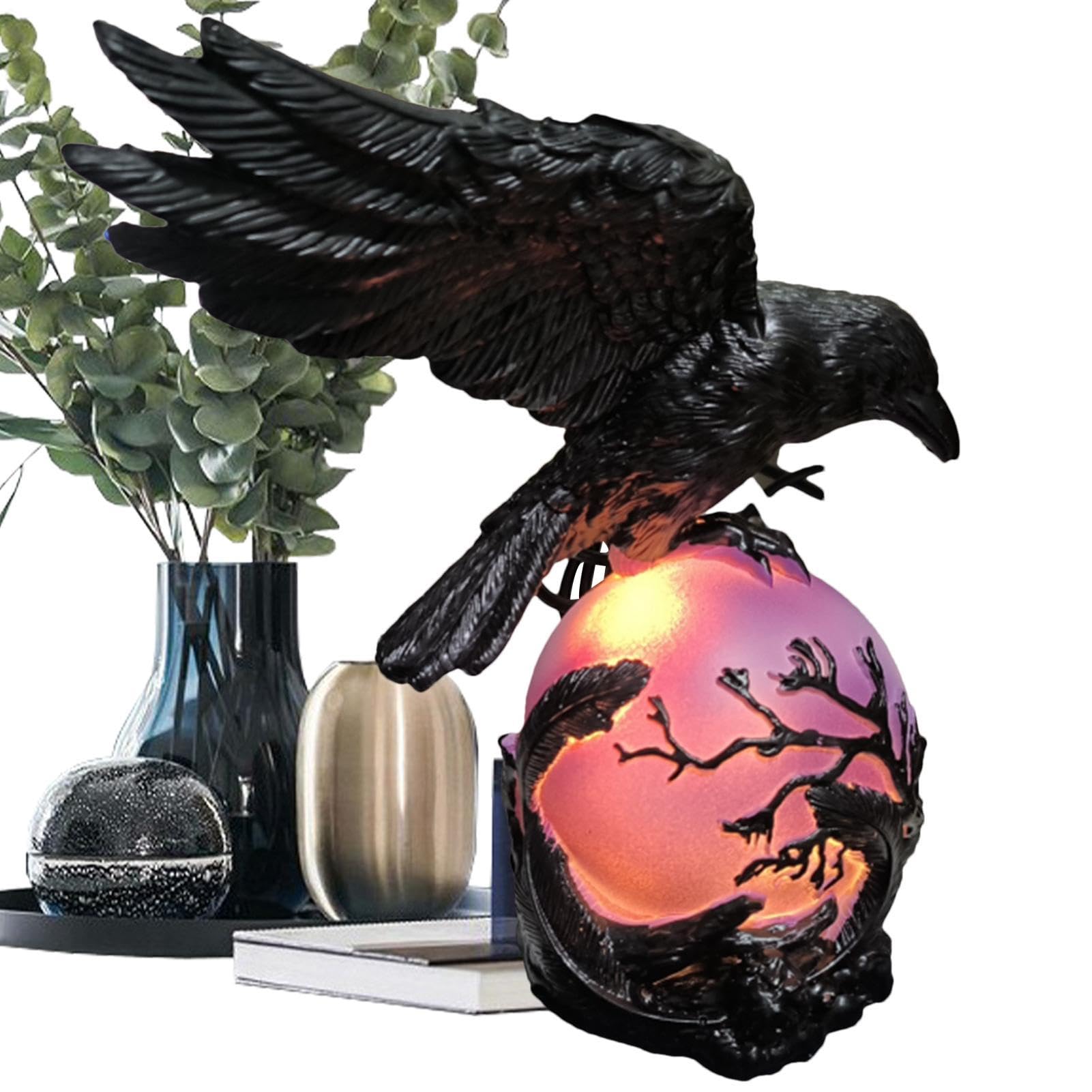 Raven Sculpture Table Lamp, Gothic Fantasy Table Light, Glowing Orb Raven Lamp, Home Decor For Bedroom Living Room Nightstand With Violet LED